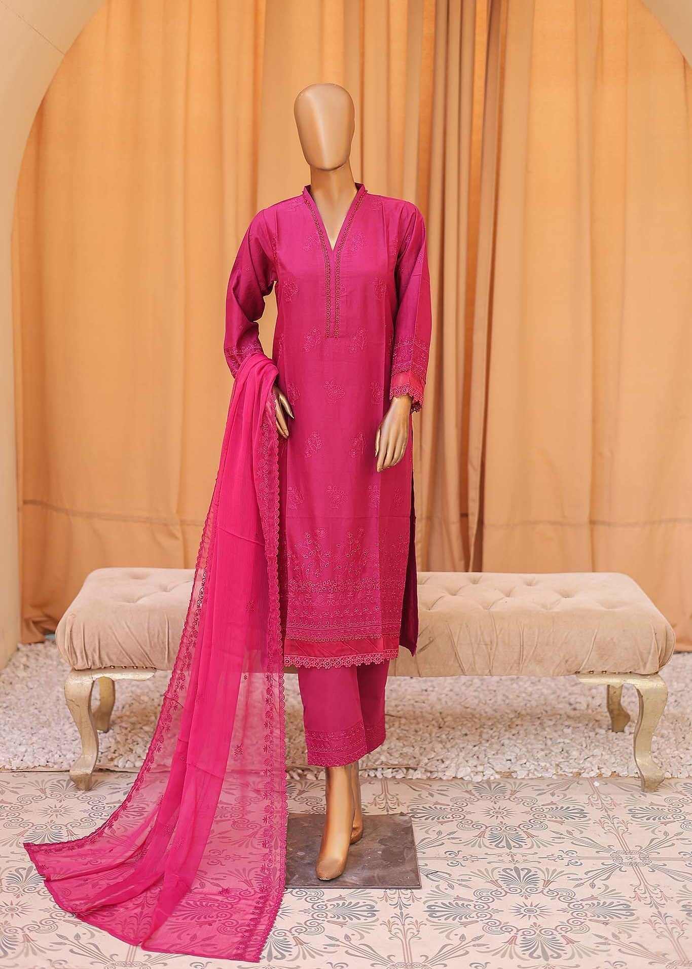 Suntex Fabrics Pink Chikan Kaari Emb Women 3pcs