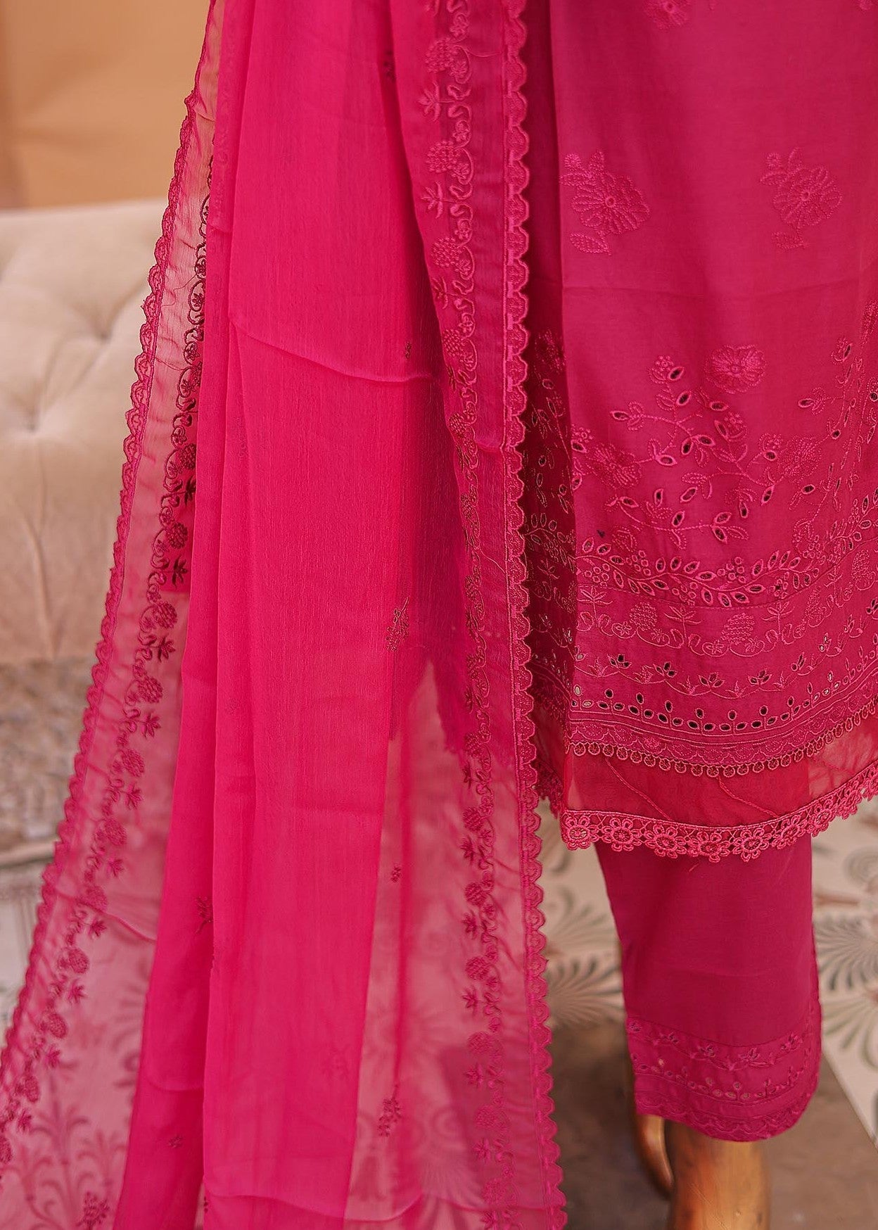 Suntex Fabrics Pink Chikan Kaari Emb Women 3pcs