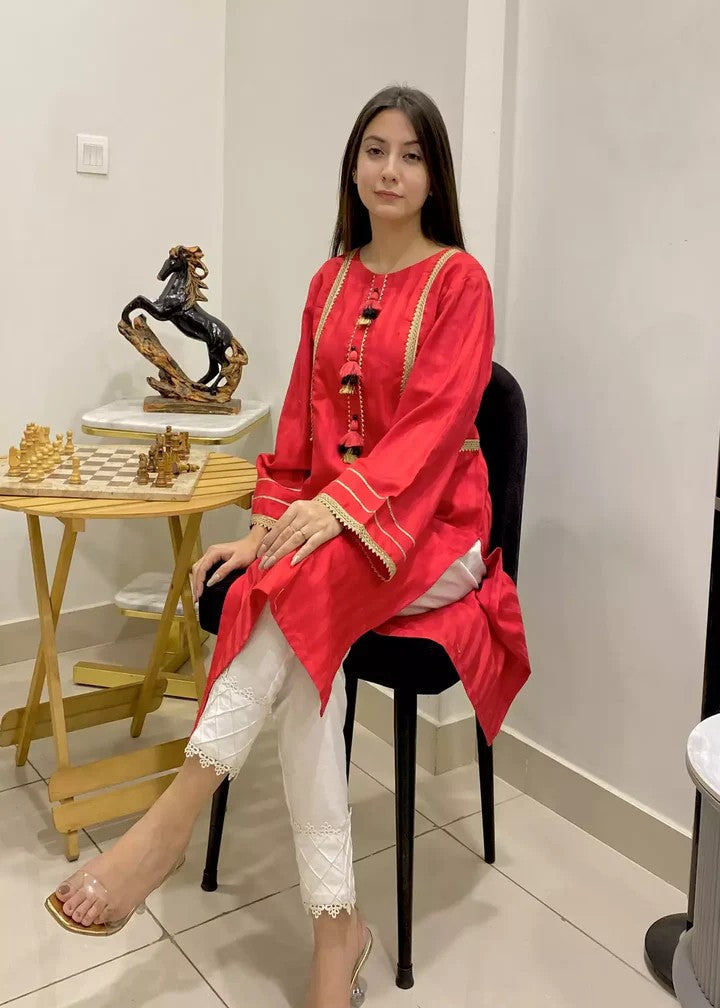 Urban Cut | Solid Red | Stripes Stitched | 100% Cotton Women 1pcs