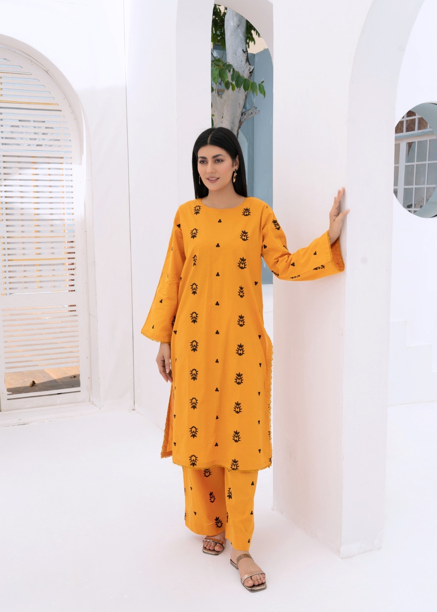 Kalamkari Mustard Embroidered Lawn Co Ord Set Women 2pcs