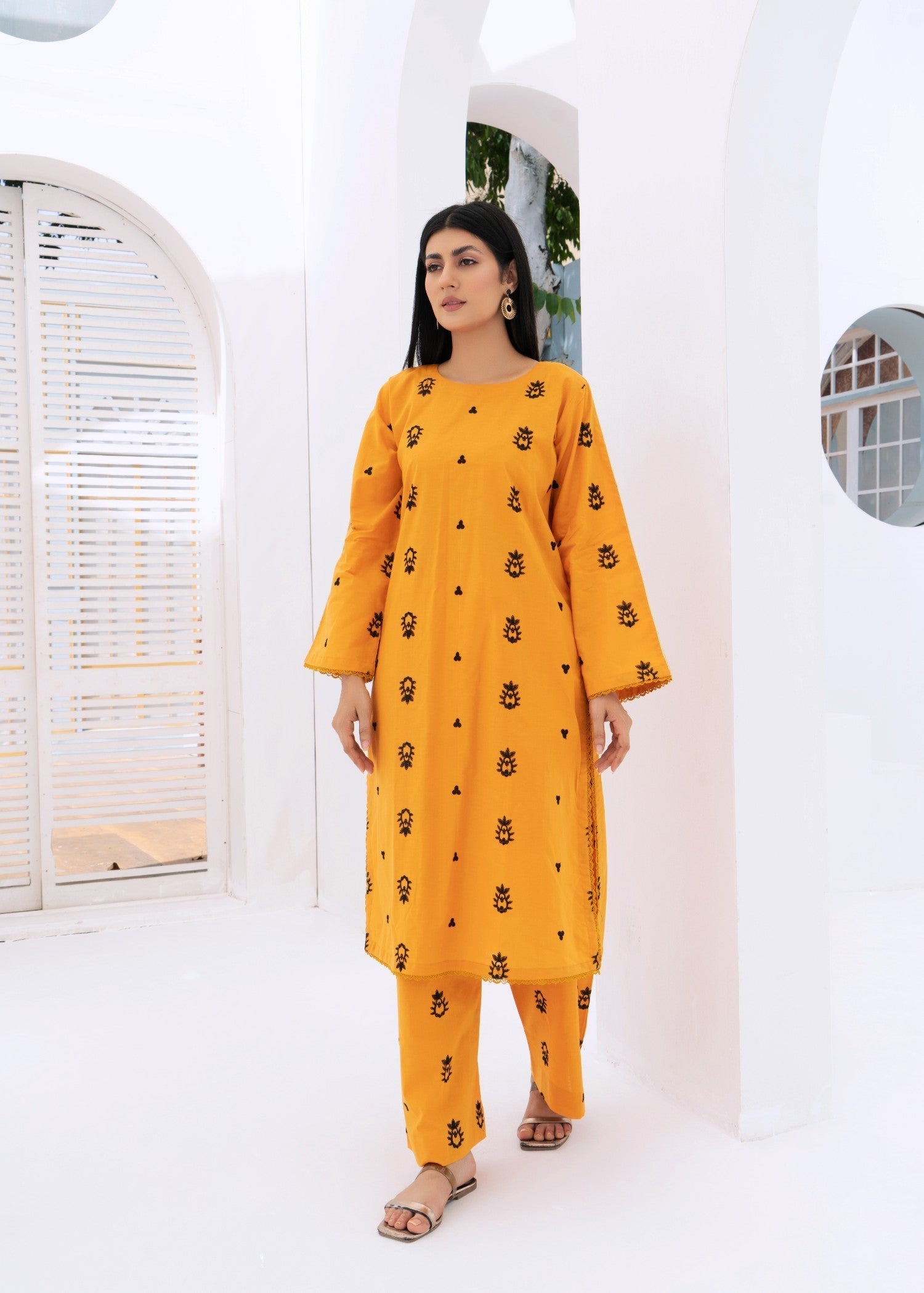Kalamkari Mustard Embroidered Lawn Co Ord Set Women 2pcs