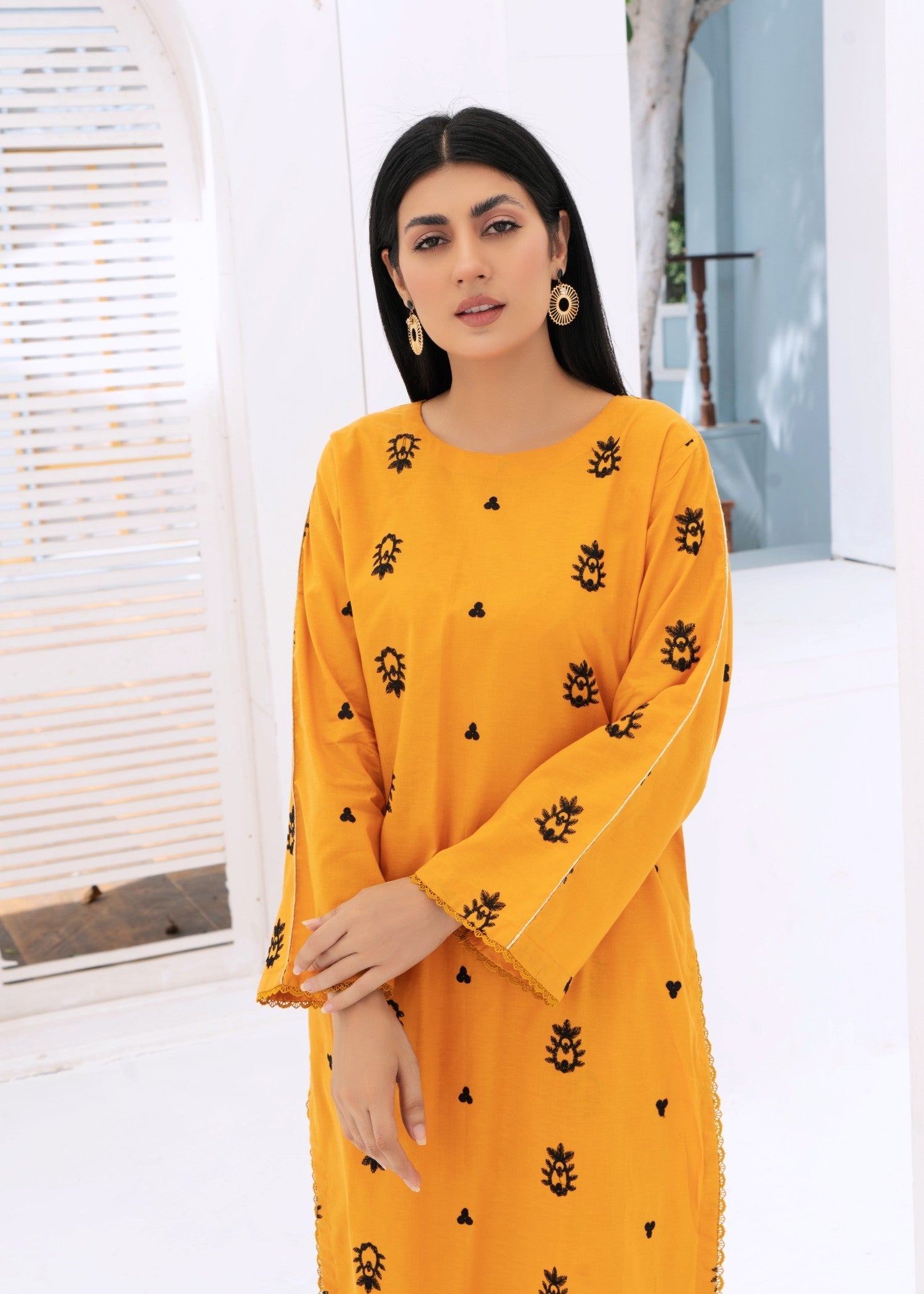 Kalamkari Mustard Embroidered Lawn Co Ord Set Women 2pcs