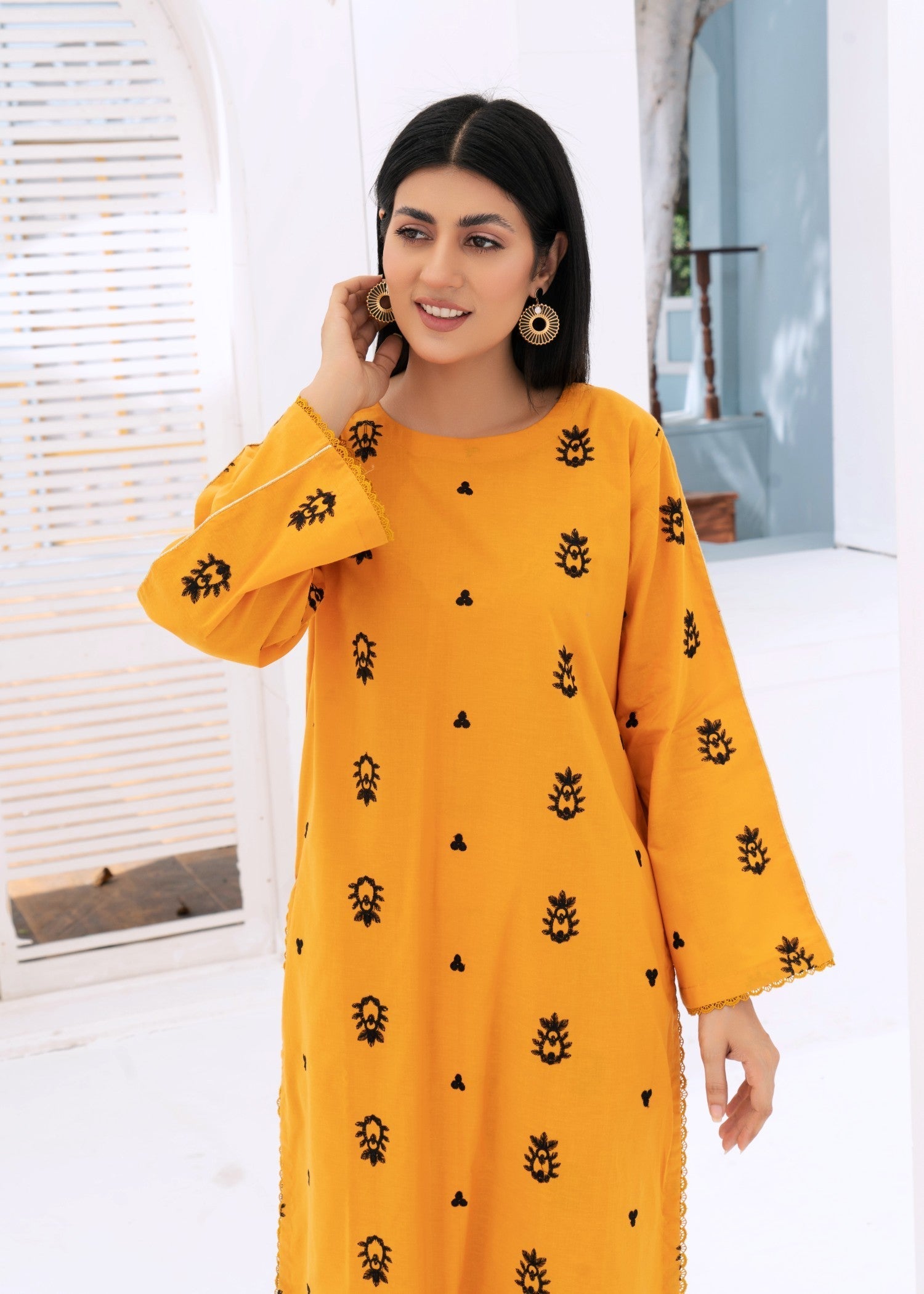 Kalamkari Mustard Embroidered Lawn Co Ord Set Women 2pcs