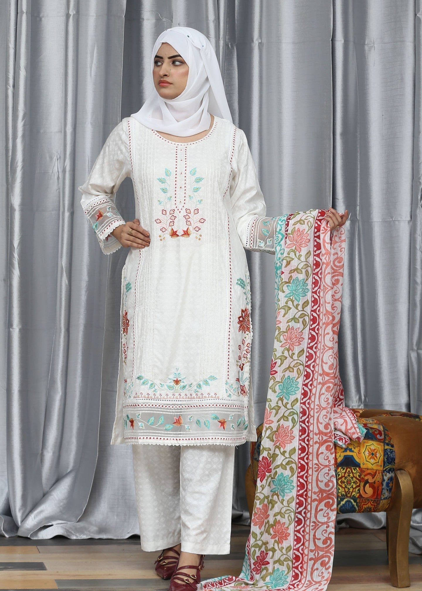 Fatima Printing Collection Riwayat Embroidered White Women 3pcs