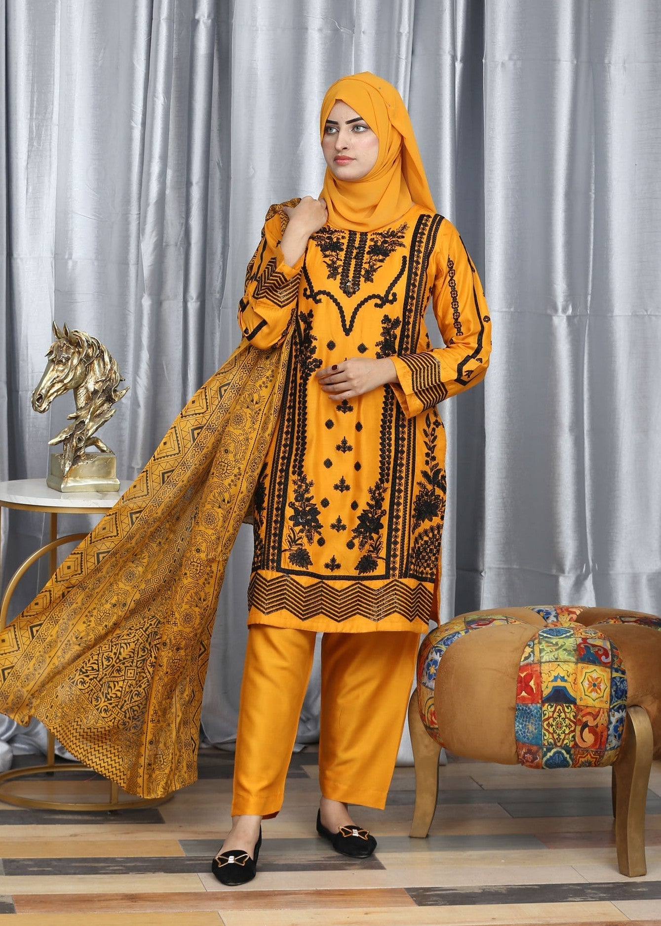 Fatima Printing Collection Mehakti Embroidered Yellow Women 3pcs