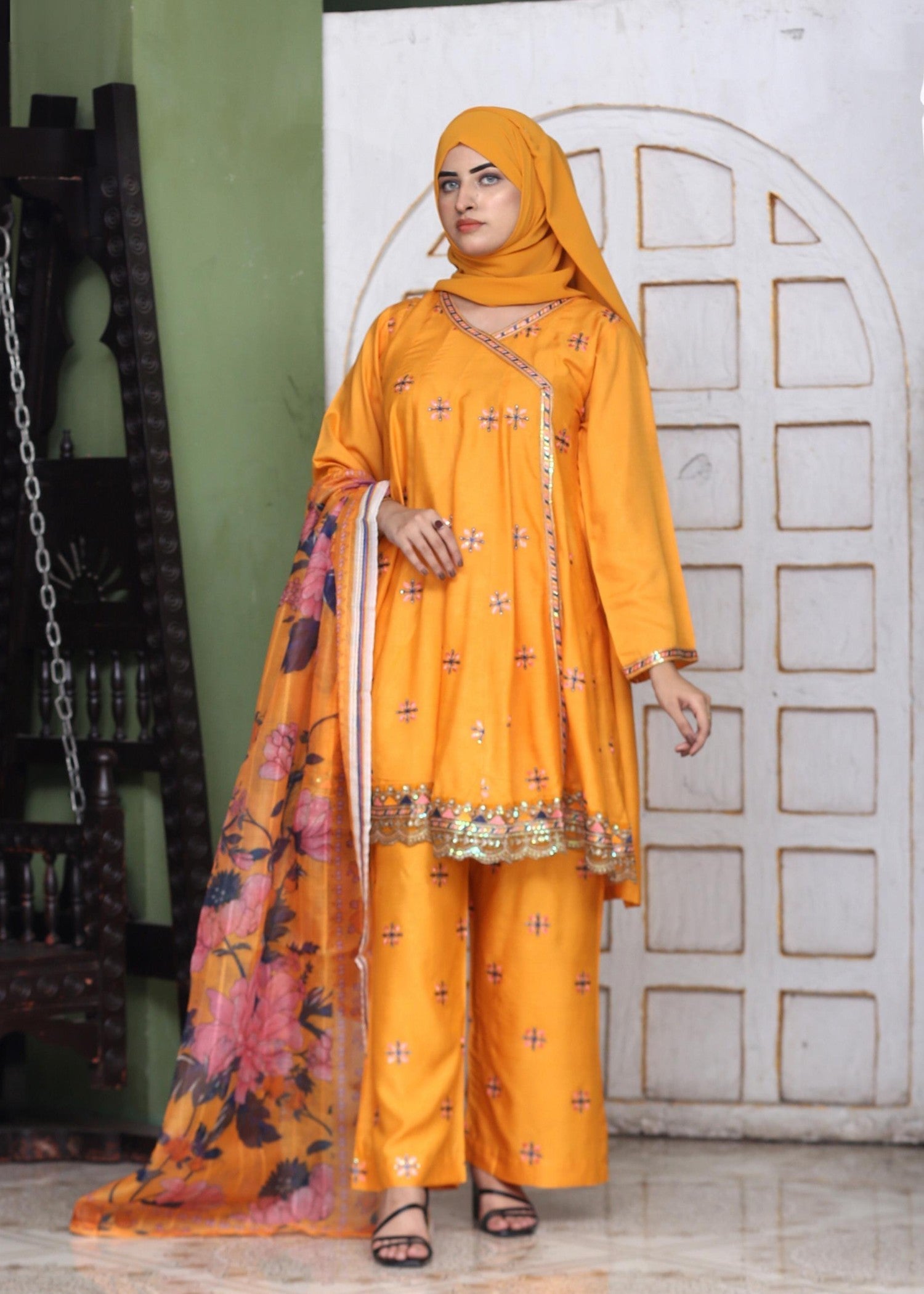 Fatima Printing Collection Noorishan Embroidered Short Frock Yellow Women 3pcs