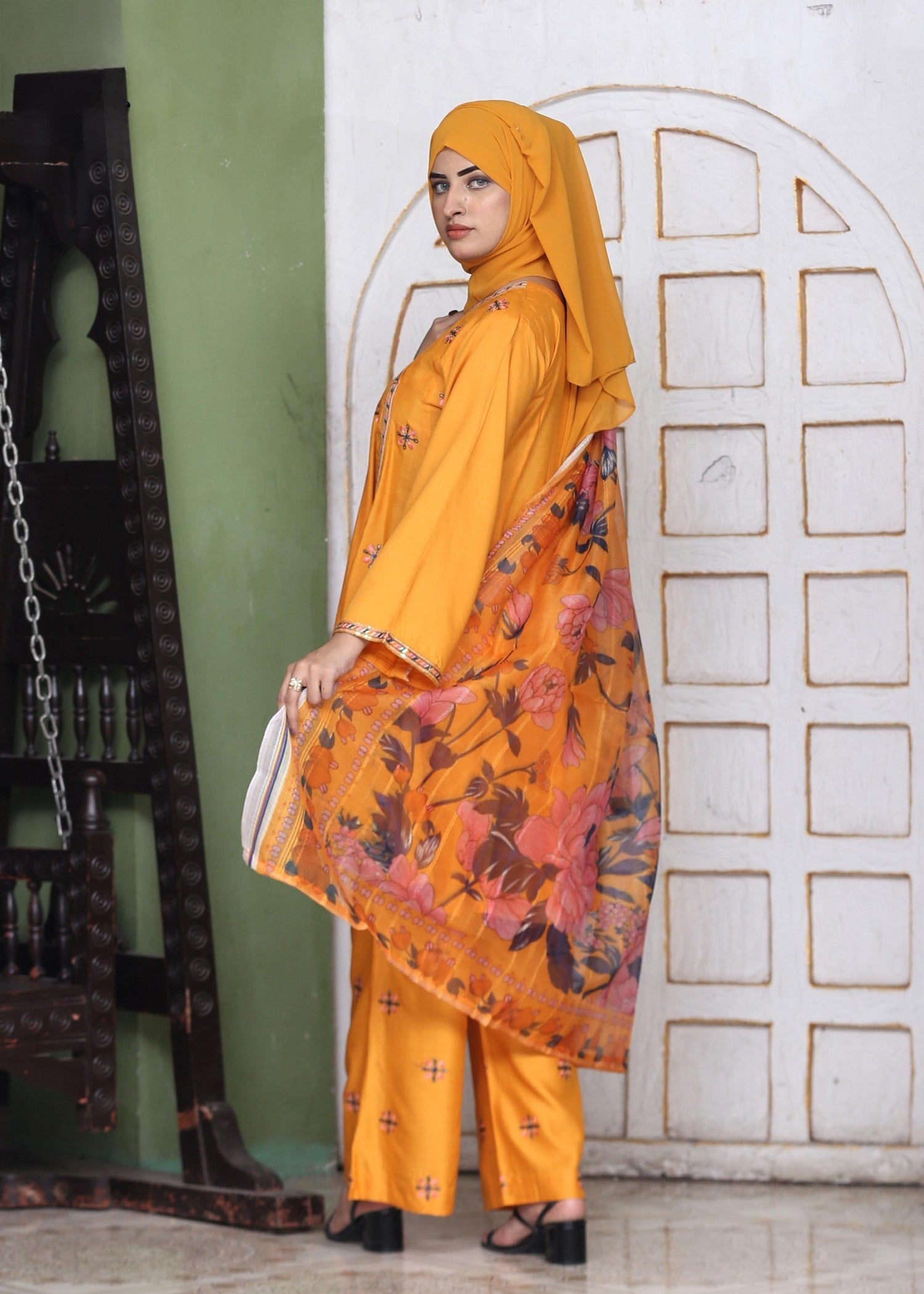 Fatima Printing Collection Noorishan Embroidered Short Frock Yellow Women 3pcs