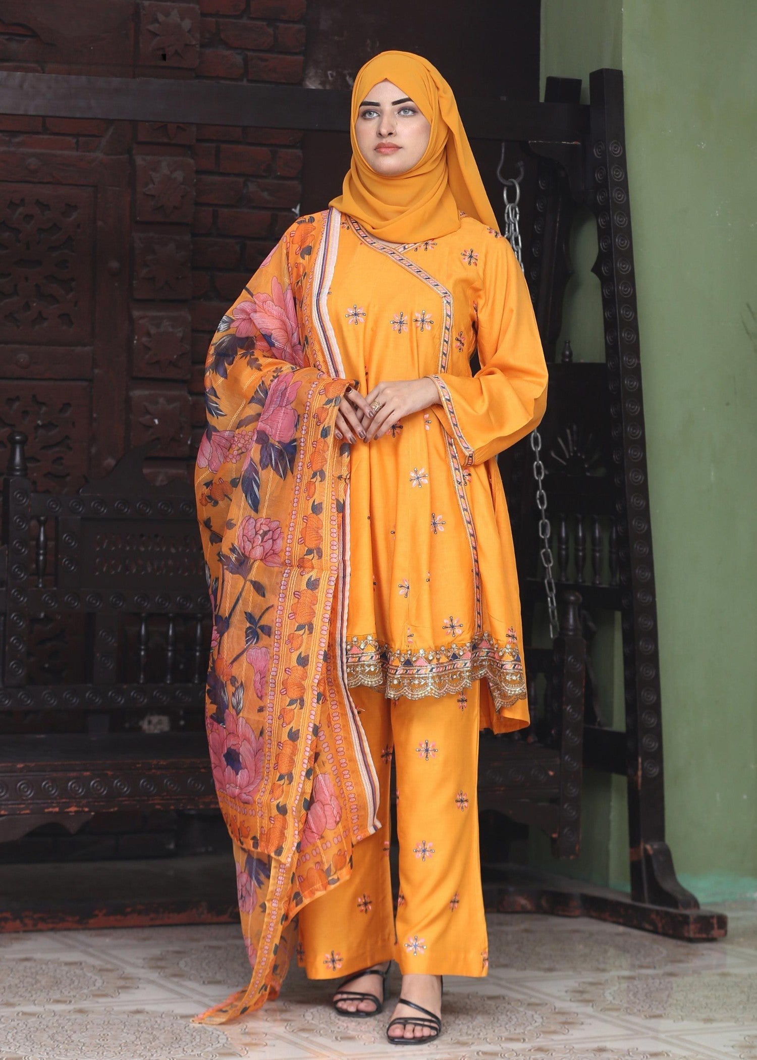 Fatima Printing Collection Noorishan Embroidered Short Frock Yellow Women 3pcs