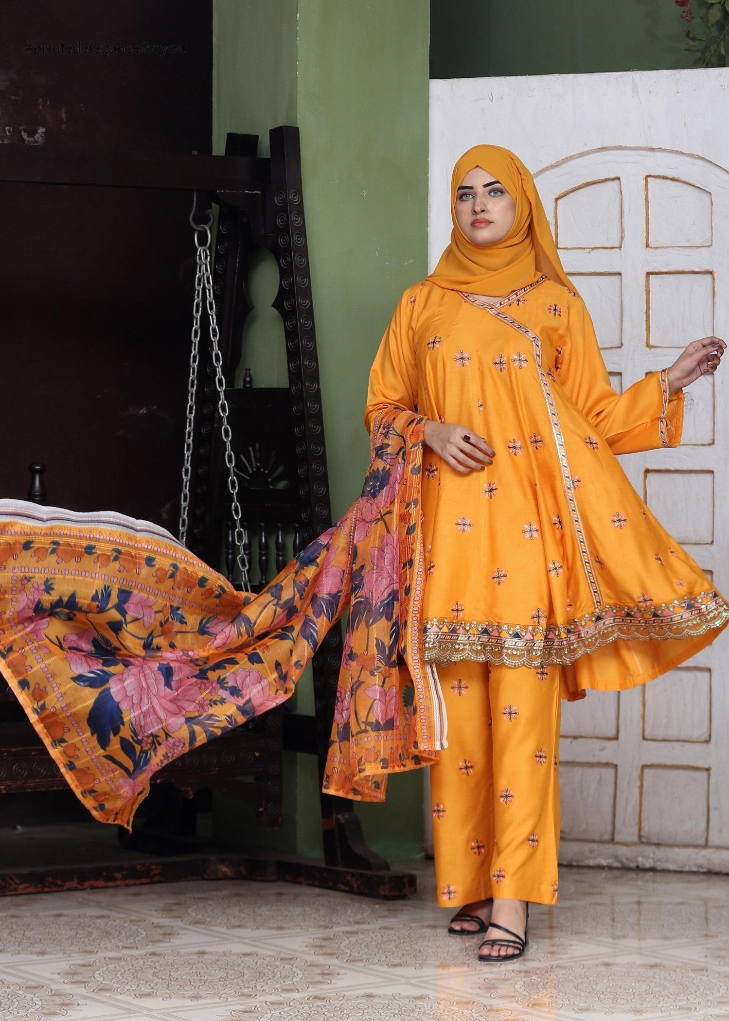 Fatima Printing Collection Noorishan Embroidered Short Frock Yellow Women 3pcs