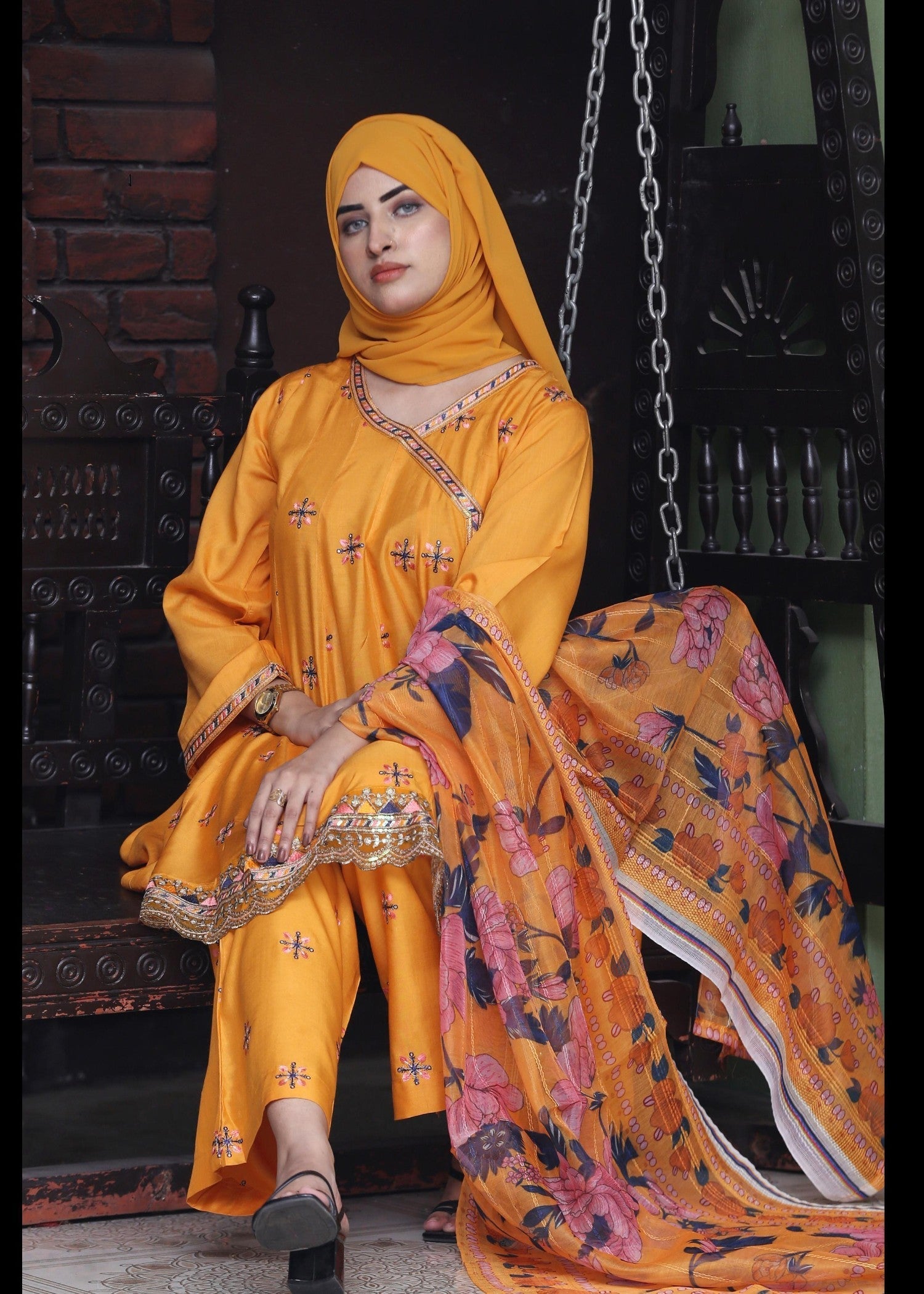 Fatima Printing Collection Noorishan Embroidered Short Frock Yellow Women 3pcs