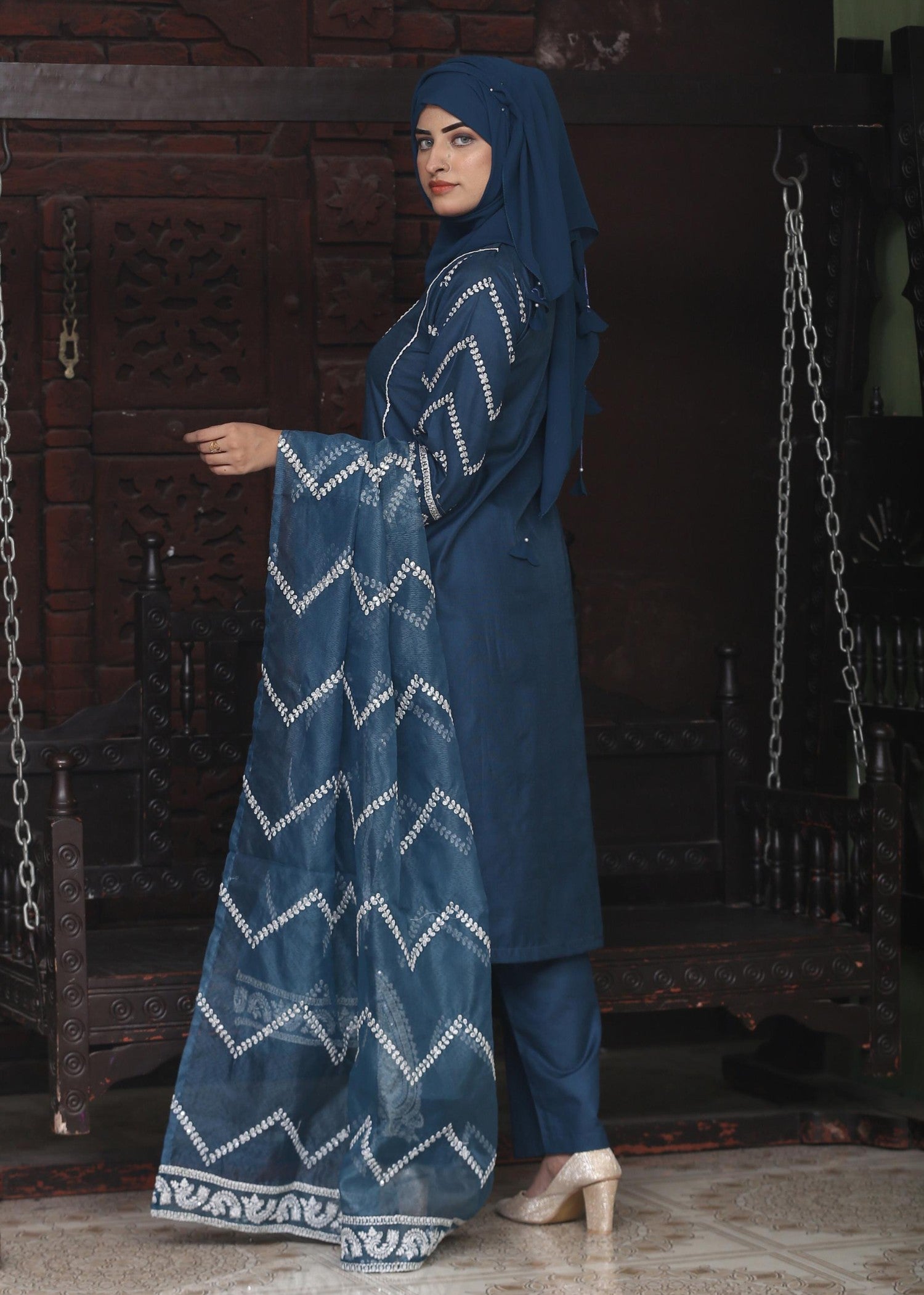 Fatima Printing Collection Zarq Embroidered Airline Shirt Indigo Women 3pcs