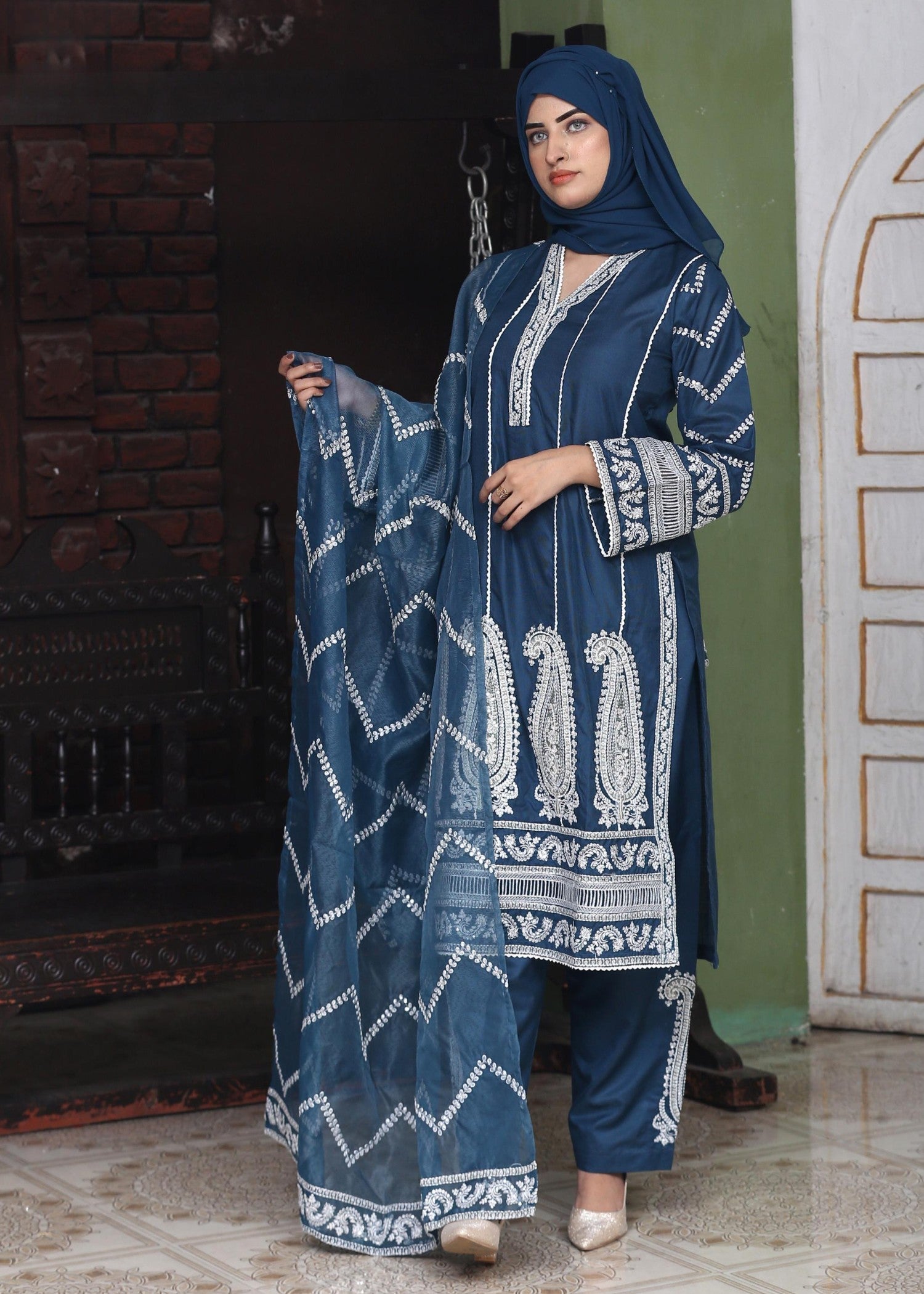 Fatima Printing Collection Zarq Embroidered Airline Shirt Indigo Women 3pcs