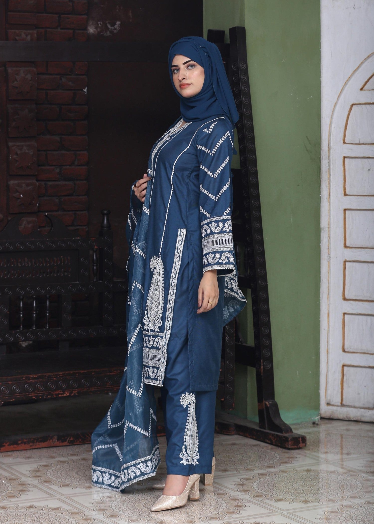 Fatima Printing Collection Zarq Embroidered Airline Shirt Indigo Women 3pcs