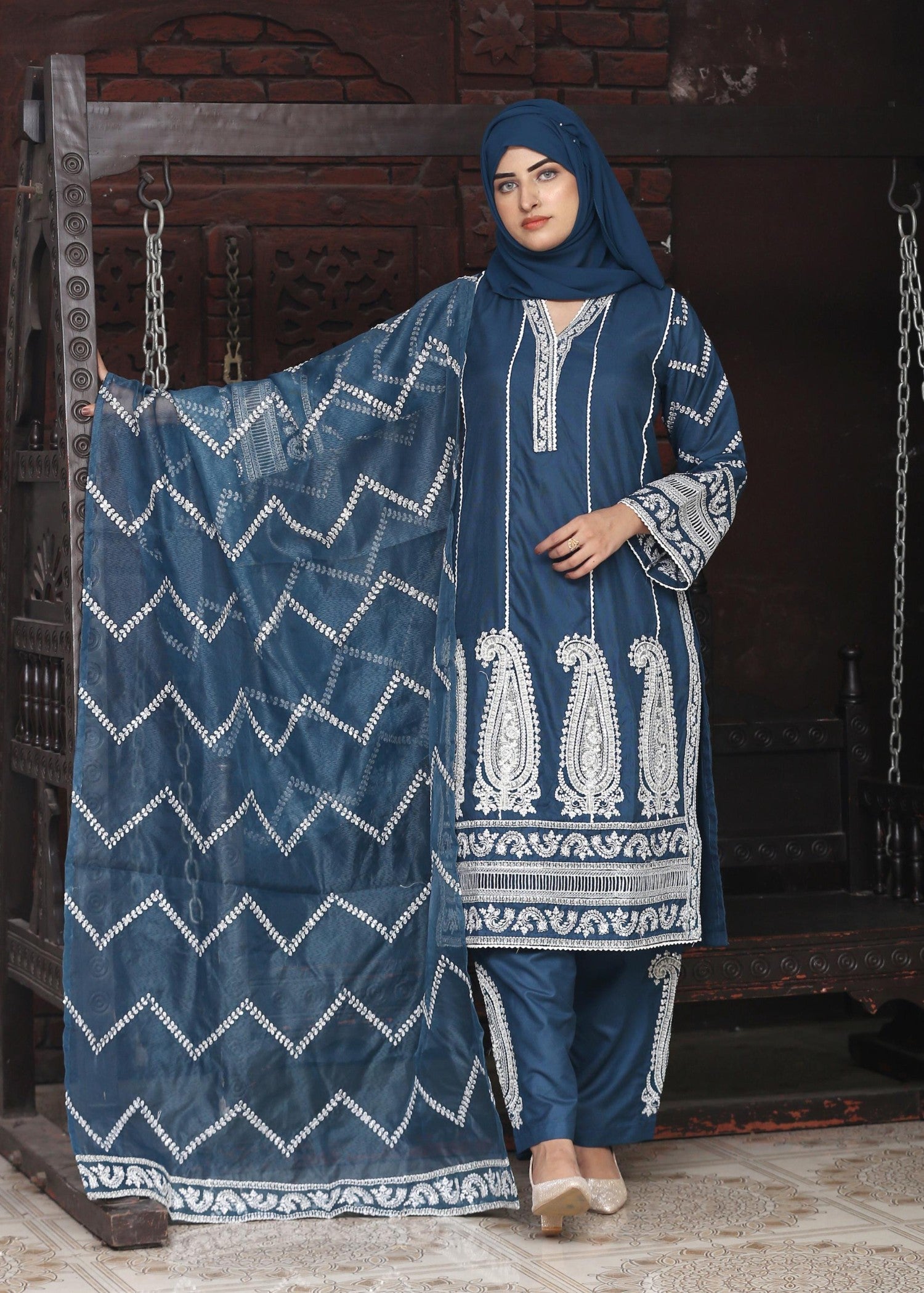 Fatima Printing Collection Zarq Embroidered Airline Shirt Indigo Women 3pcs