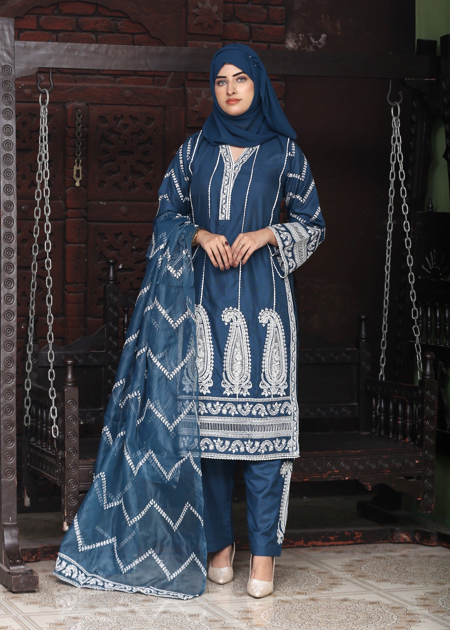 Fatima Printing Collection Zarq Embroidered Airline Shirt Indigo Women 3pcs