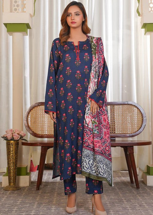 By-East Khaddar Printed Suit Blue Women 3pcs