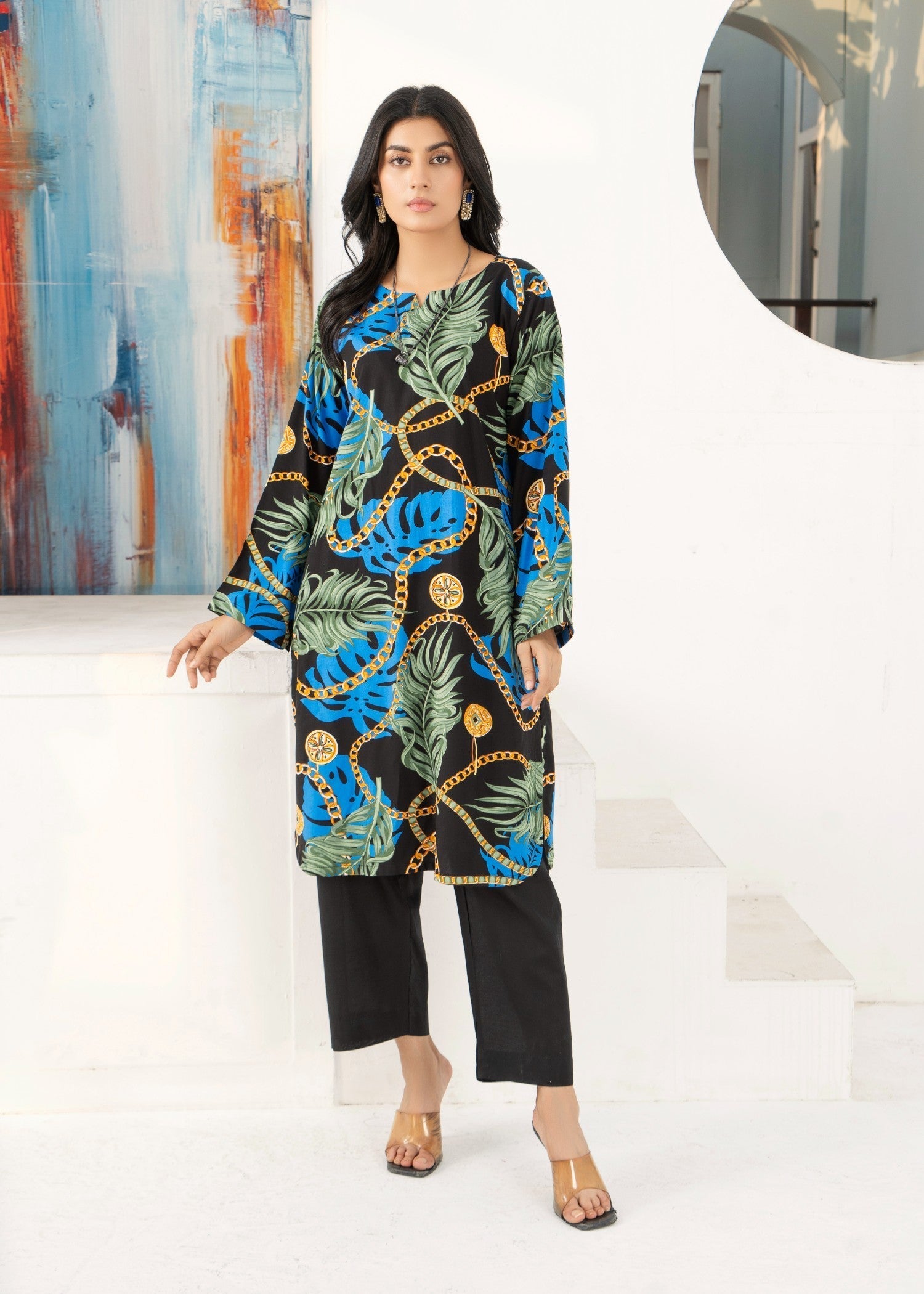 Kalamkari Black Tropical Printed Kurta Set Women 2pcs