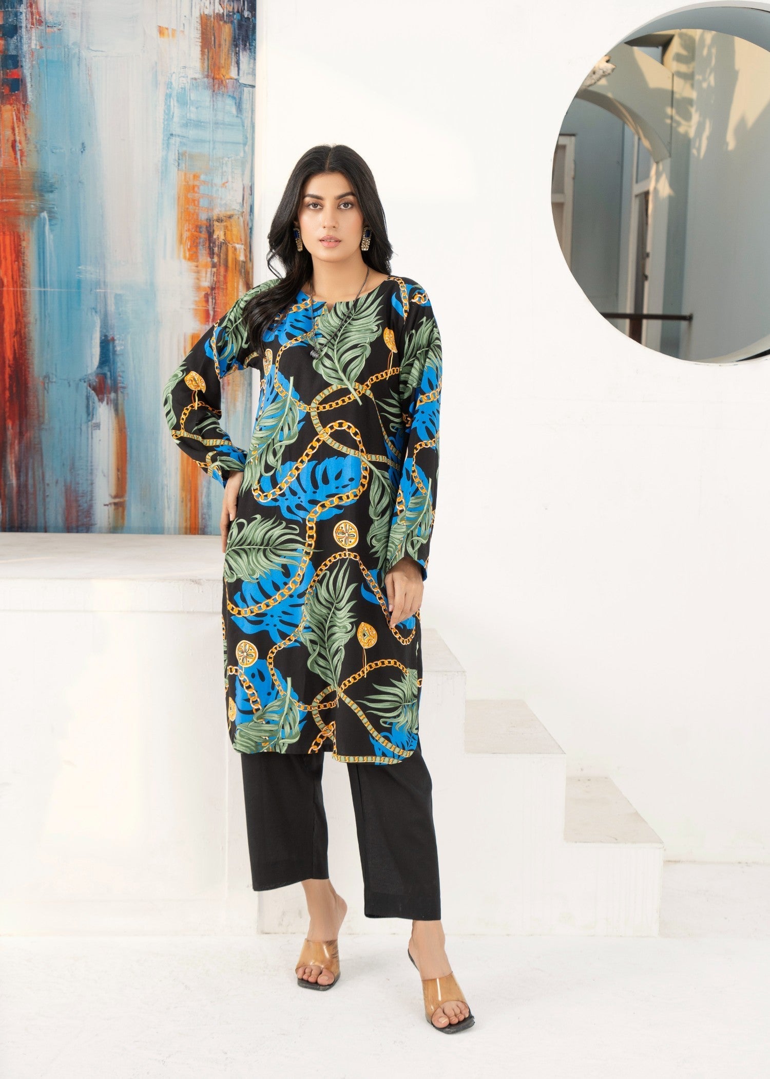 Kalamkari Black Tropical Printed Kurta Set Women 2pcs
