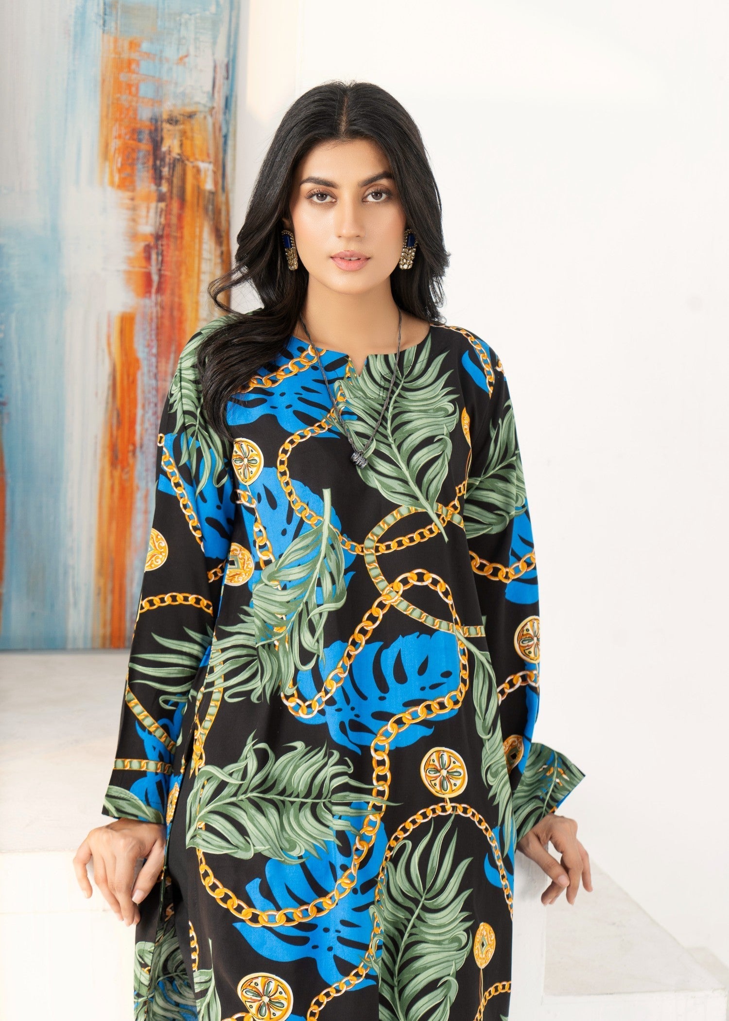 Kalamkari Black Tropical Printed Kurta Set Women 2pcs