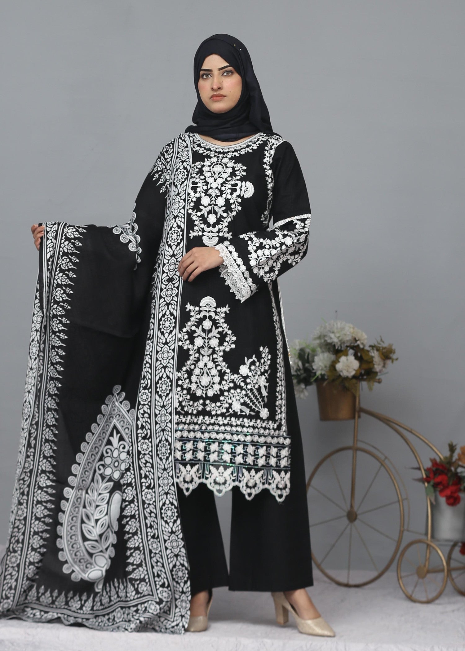Fatima Printing Collection Tamana Embroidered Khadar Black Women 3pcs