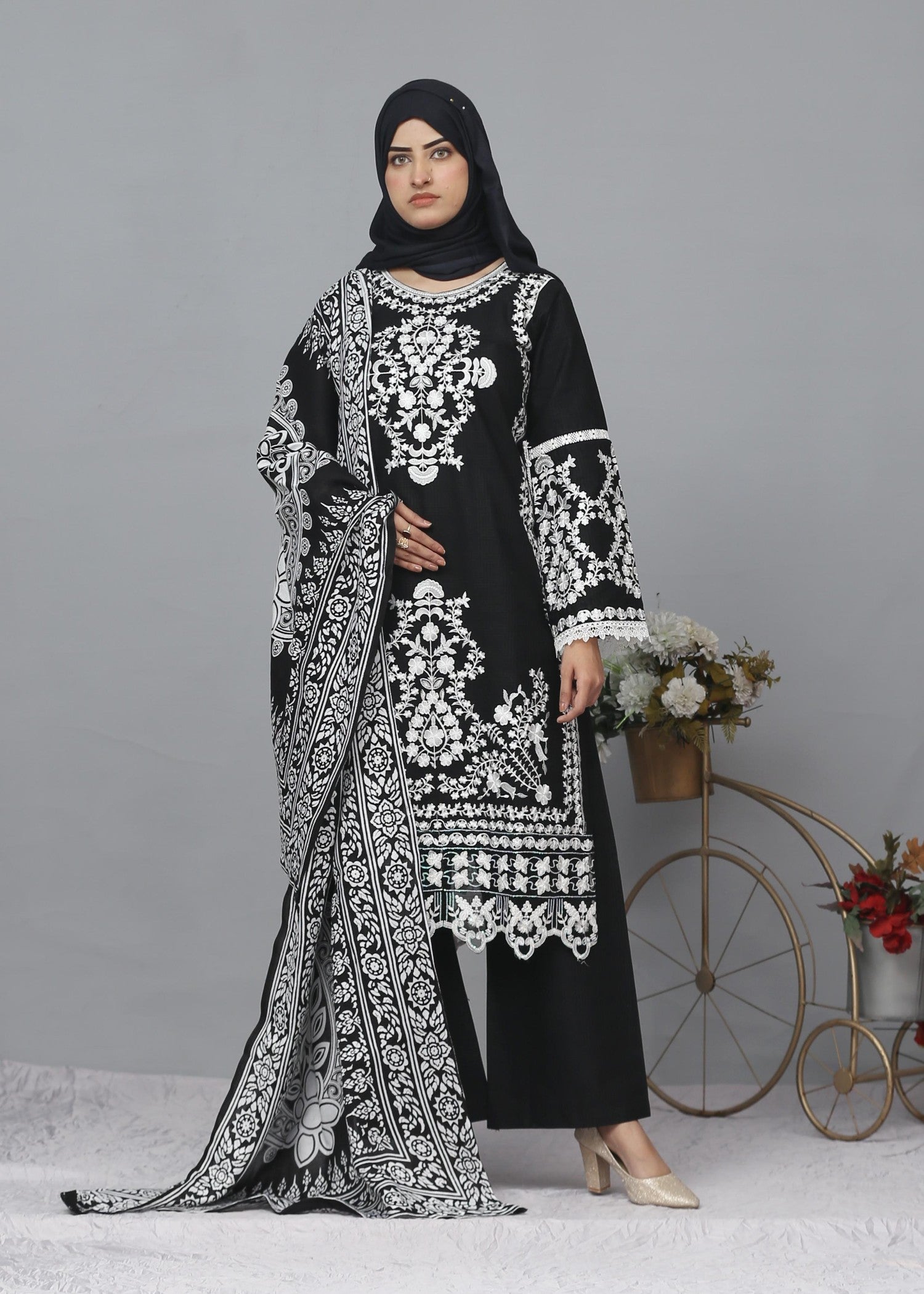 Fatima Printing Collection Tamana Embroidered Khadar Black Women 3pcs