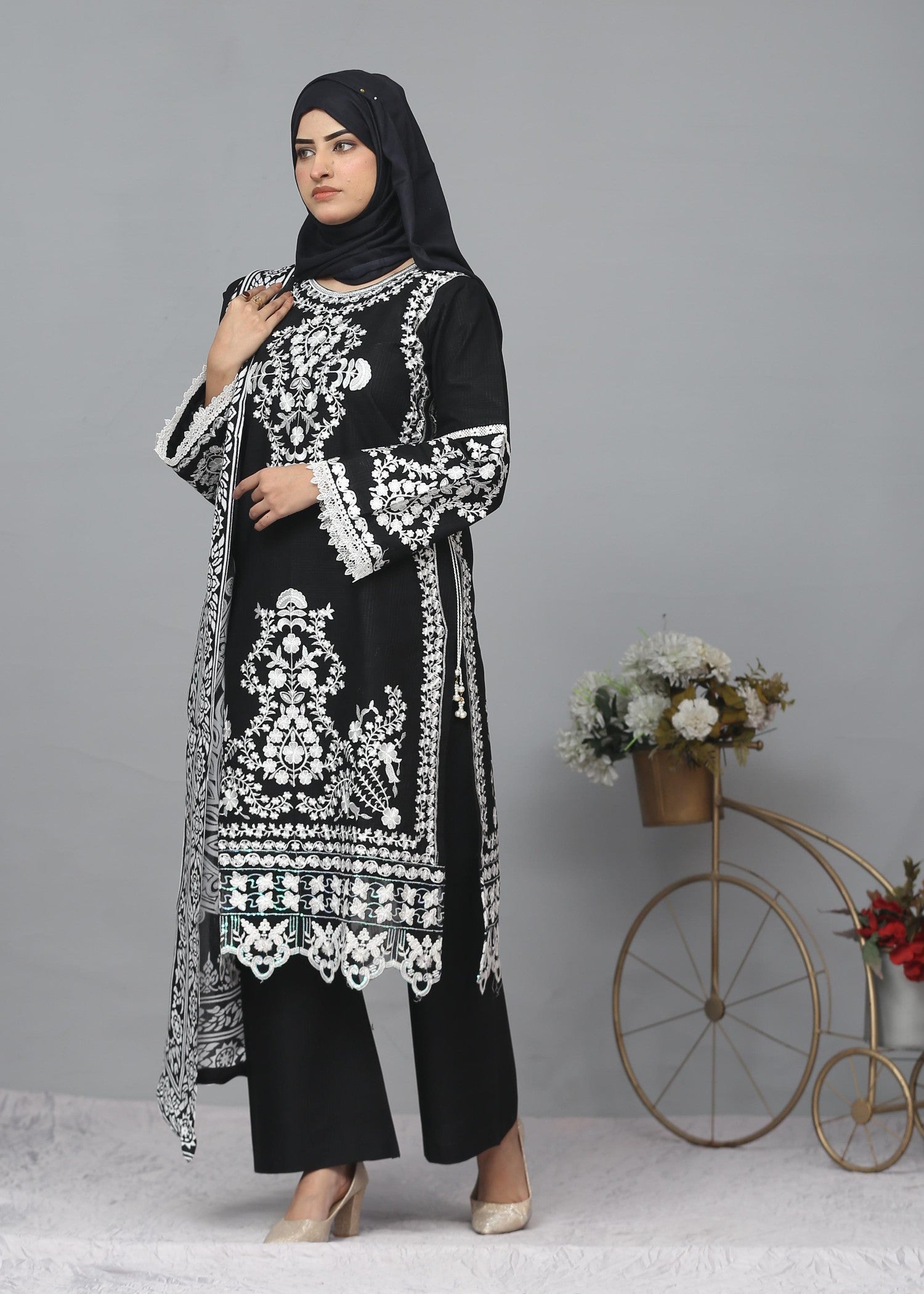 Fatima Printing Collection Tamana Embroidered Khadar Black Women 3pcs