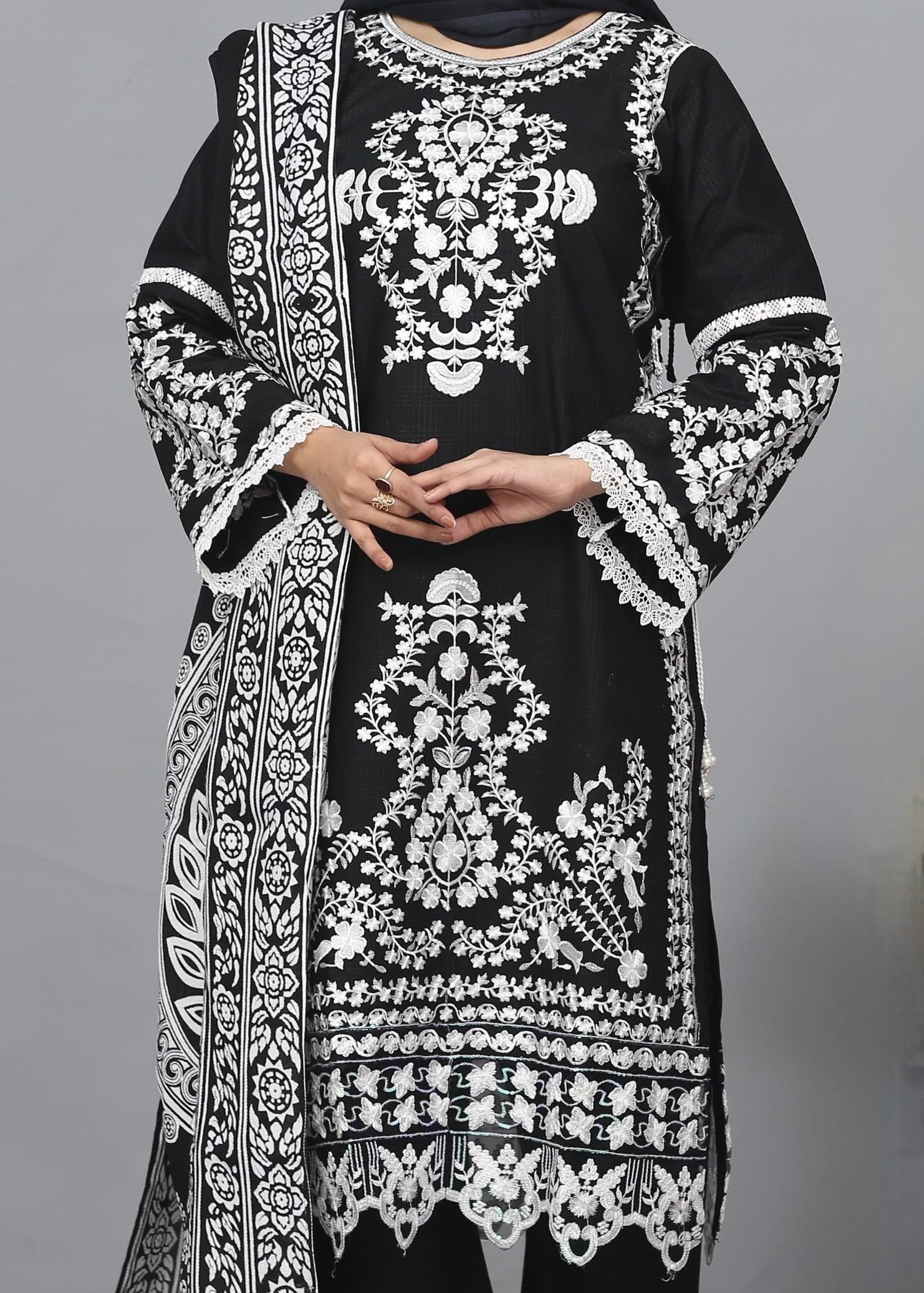 Fatima Printing Collection Tamana Embroidered Khadar Black Women 3pcs