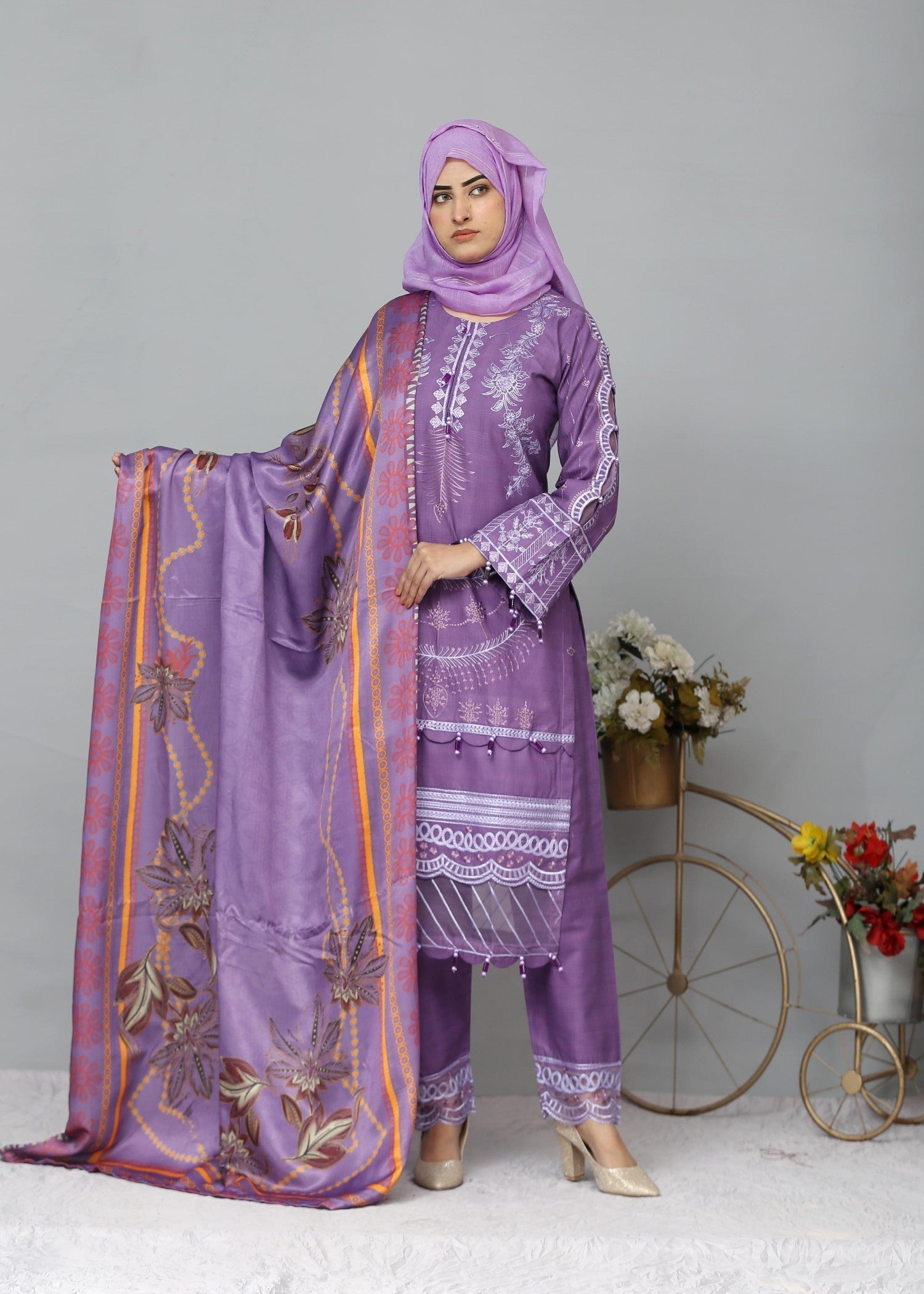 Fatima Printing Collection Zariyah Embroidered Lond Shirt Purple Women 3pcs