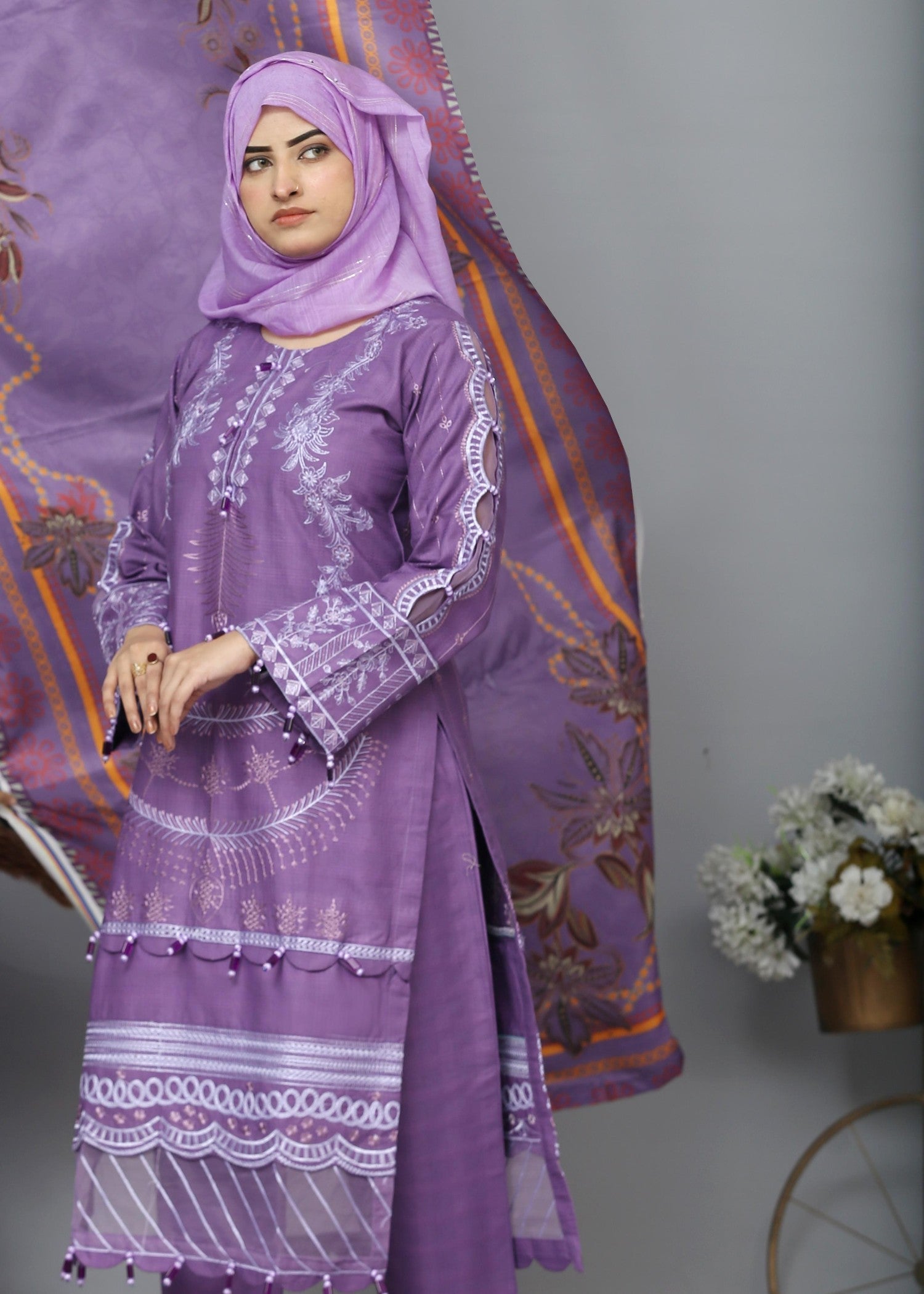 Fatima Printing Collection Zariyah Embroidered Lond Shirt Purple Women 3pcs