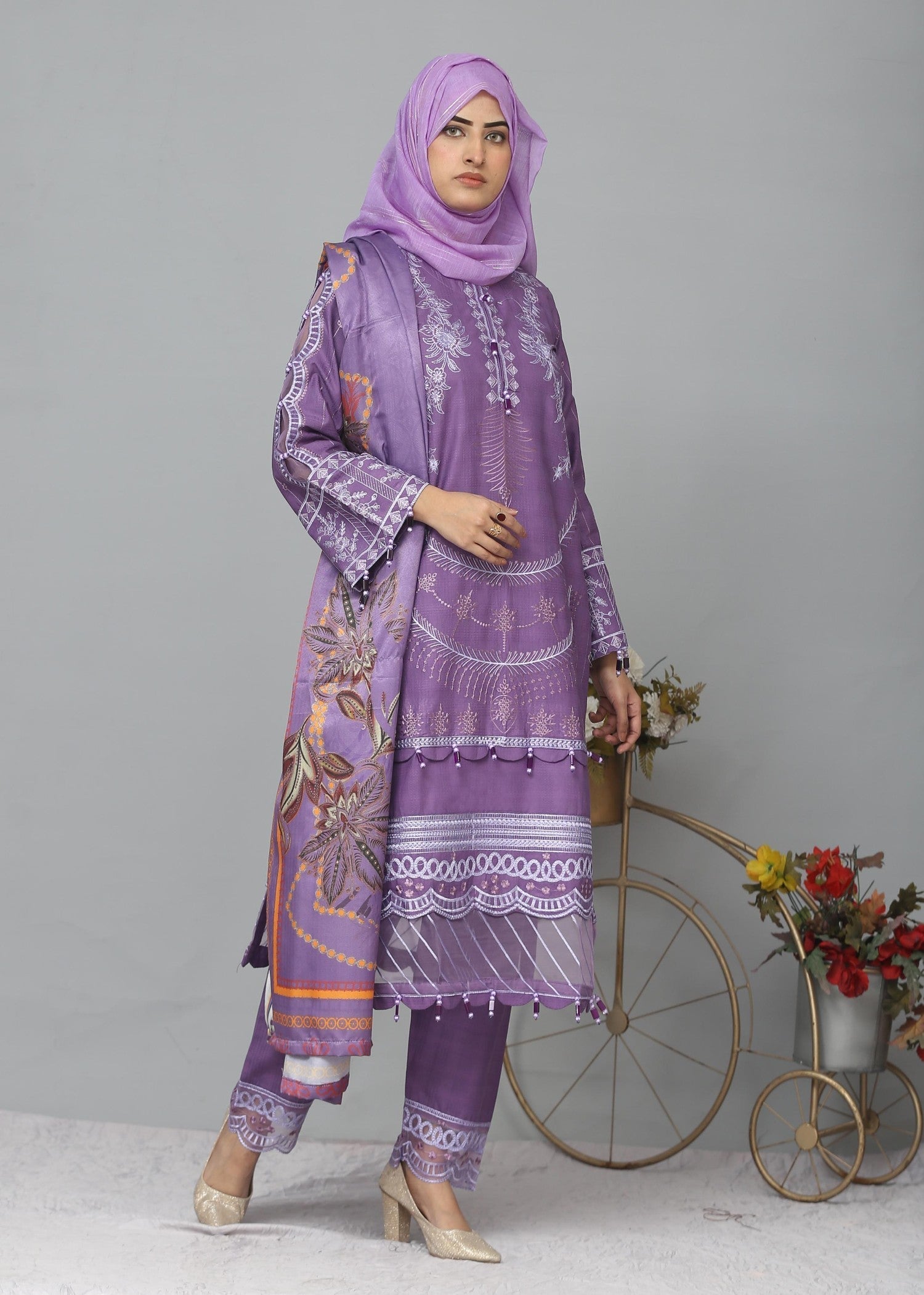 Fatima Printing Collection Zariyah Embroidered Lond Shirt Purple Women 3pcs