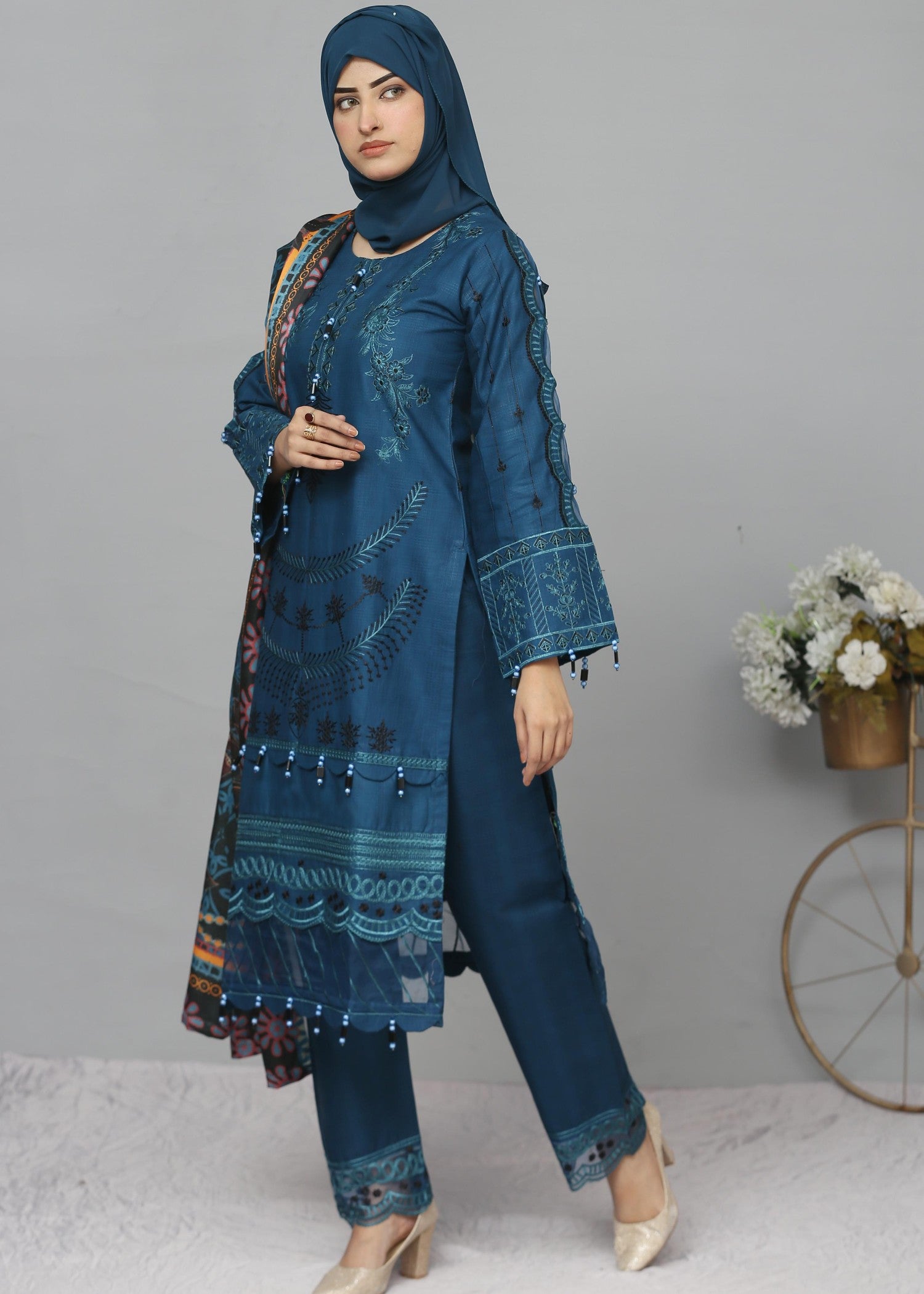 Fatima Printing Collection Zariyah Embroidered Long Shirt Teal Women 3pcs