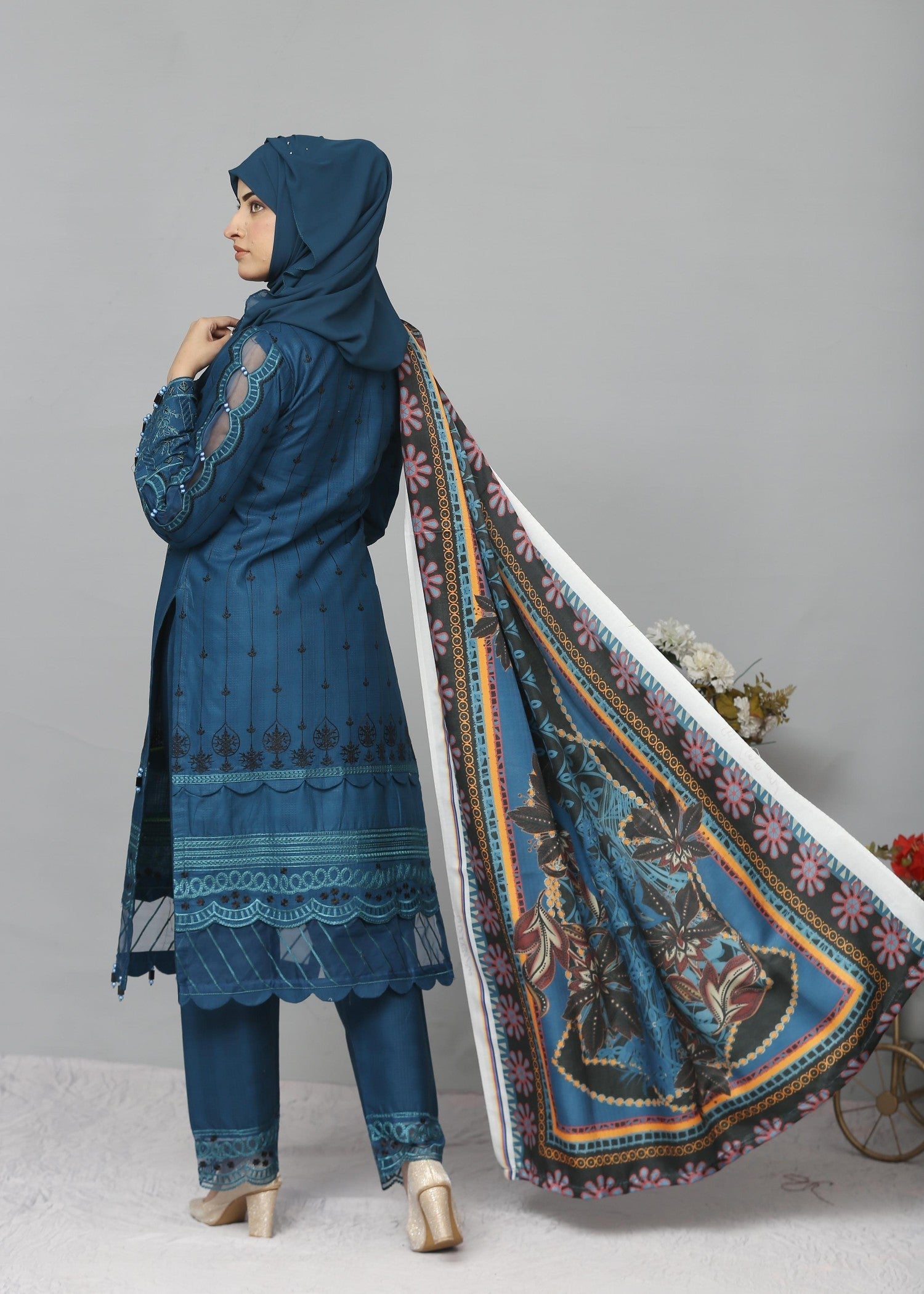 Fatima Printing Collection Zariyah Embroidered Long Shirt Teal Women 3pcs