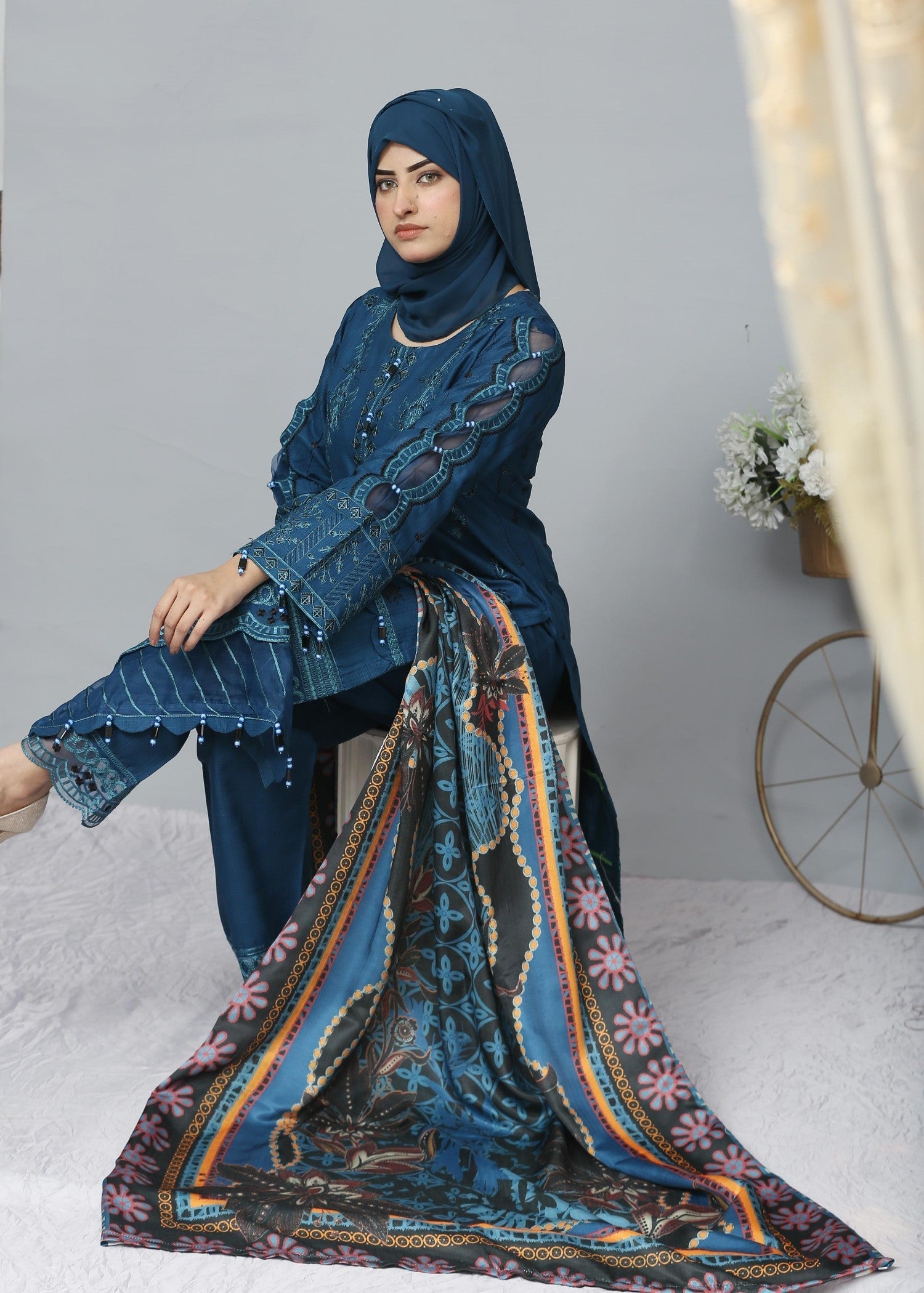 Fatima Printing Collection Zariyah Embroidered Long Shirt Teal Women 3pcs