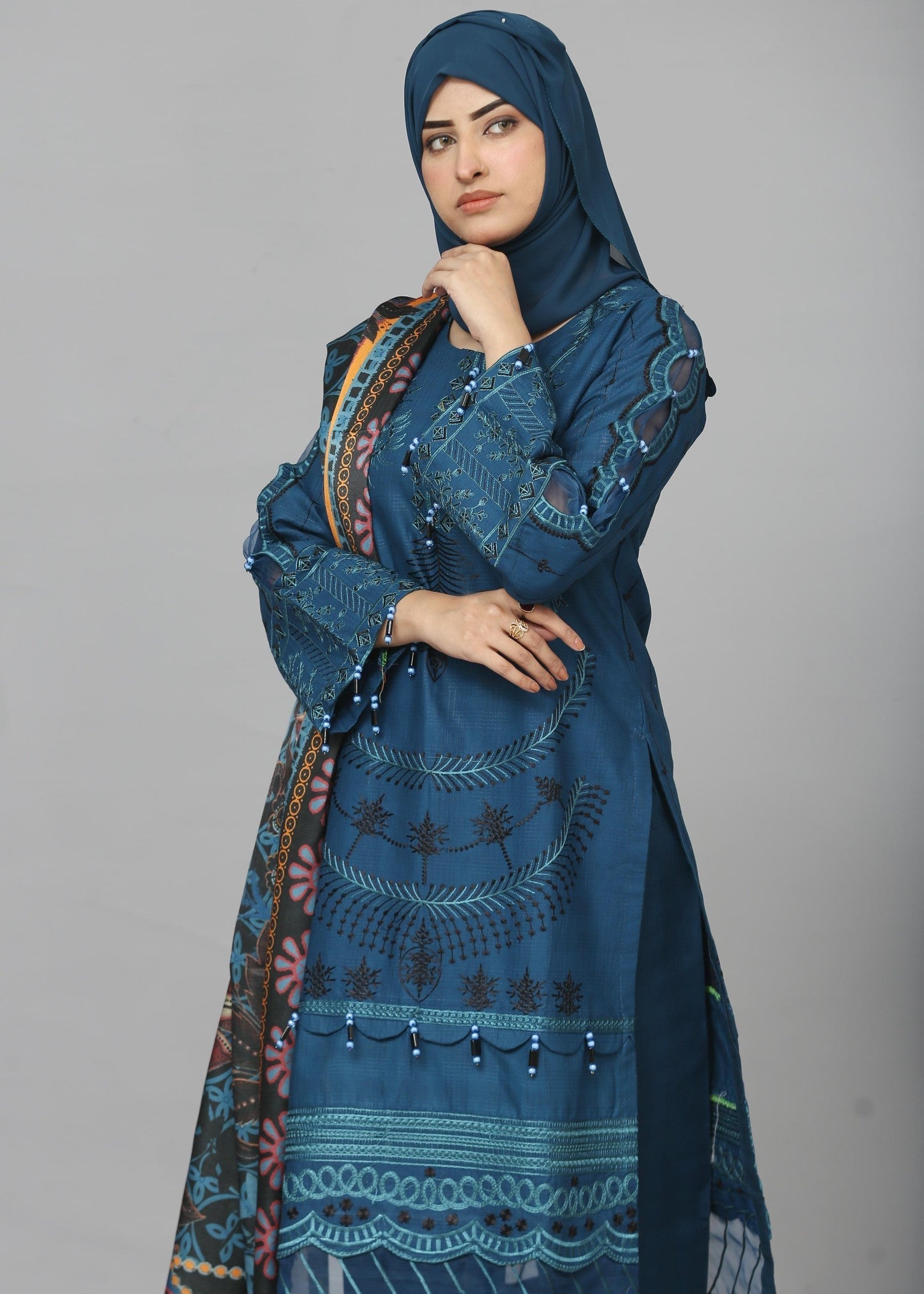 Fatima Printing Collection Zariyah Embroidered Long Shirt Teal Women 3pcs