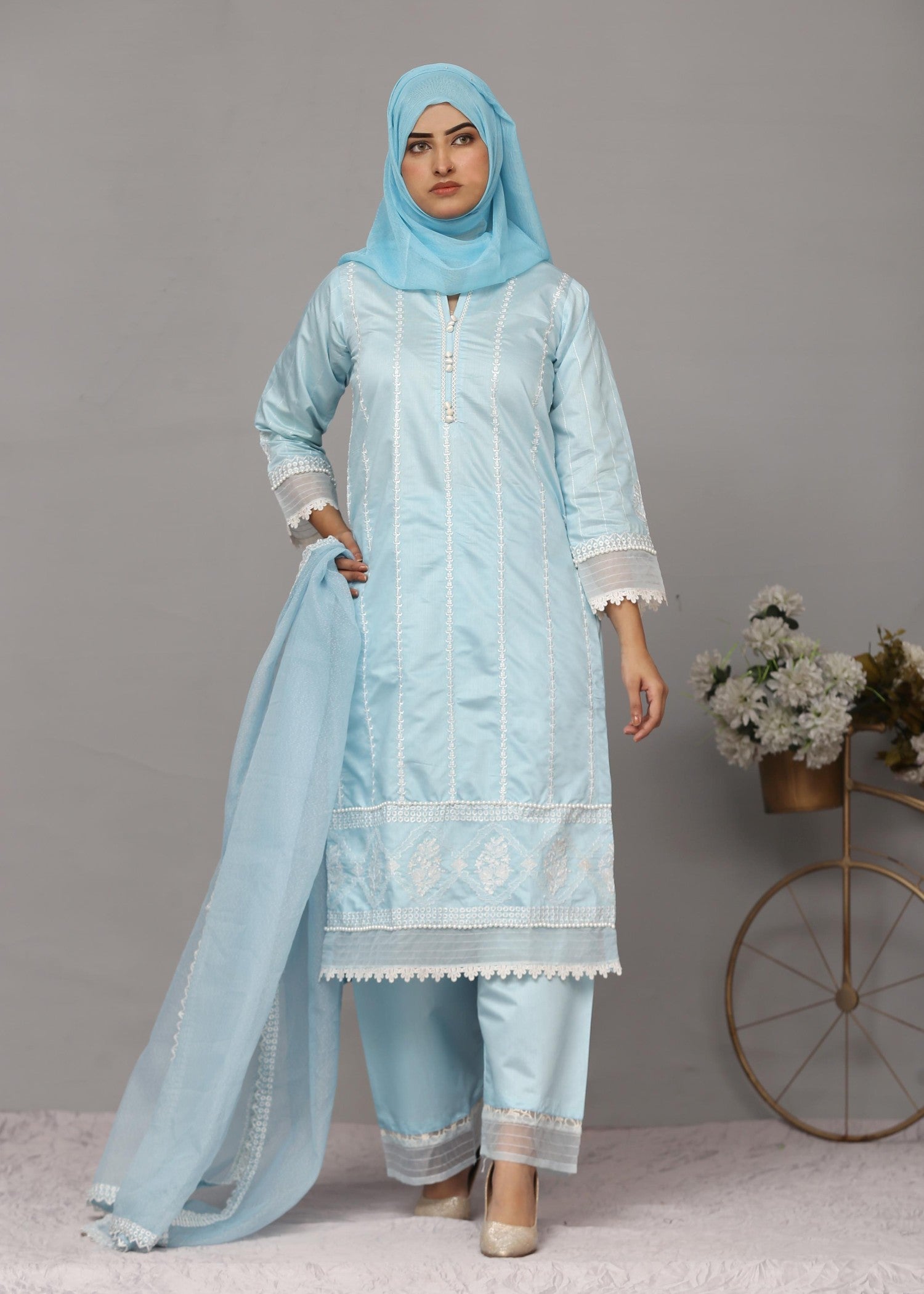 Fatima Printing Collection Seher Embroidered Long Shirt Sky Women 3pcs
