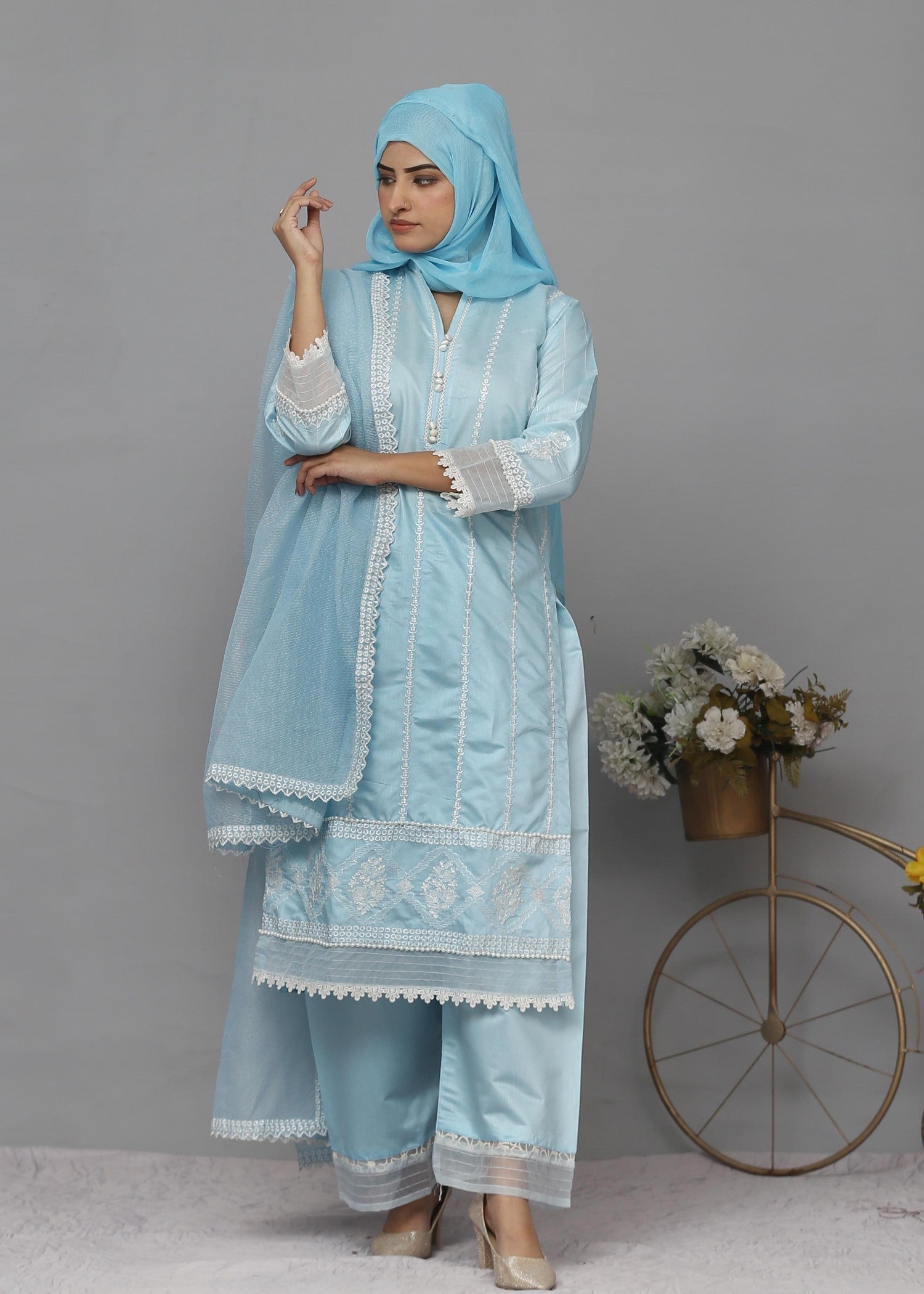 Fatima Printing Collection Seher Embroidered Long Shirt Sky Women 3pcs