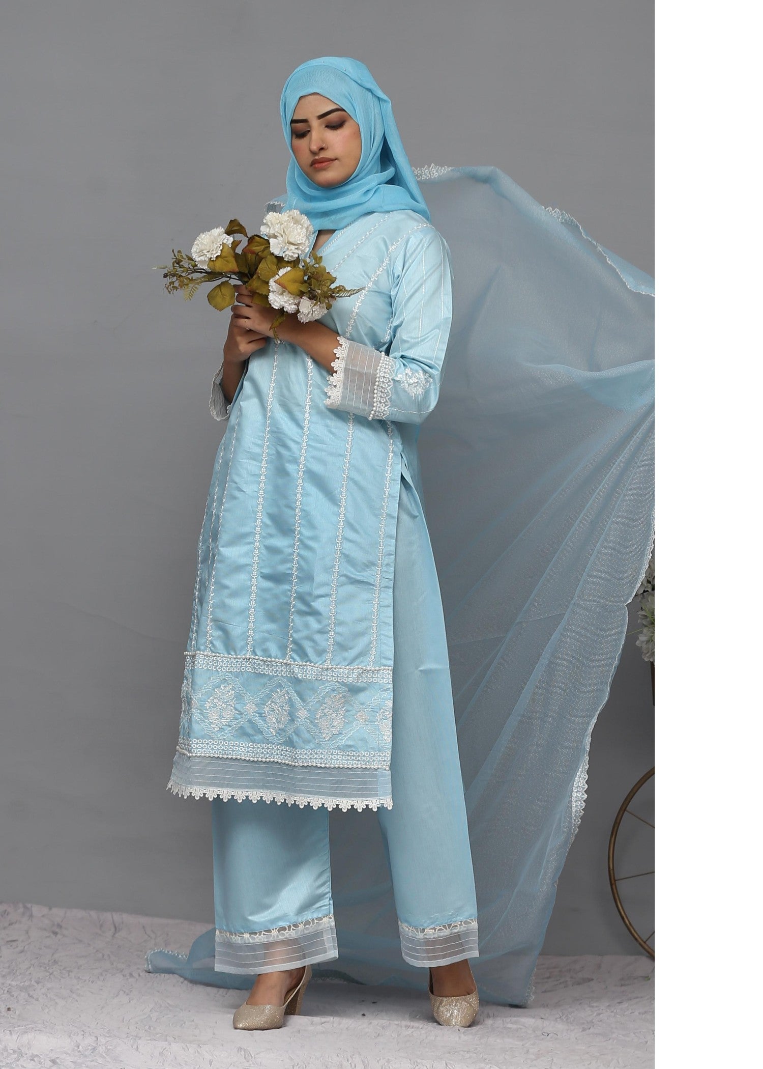 Fatima Printing Collection Seher Embroidered Long Shirt Sky Women 3pcs