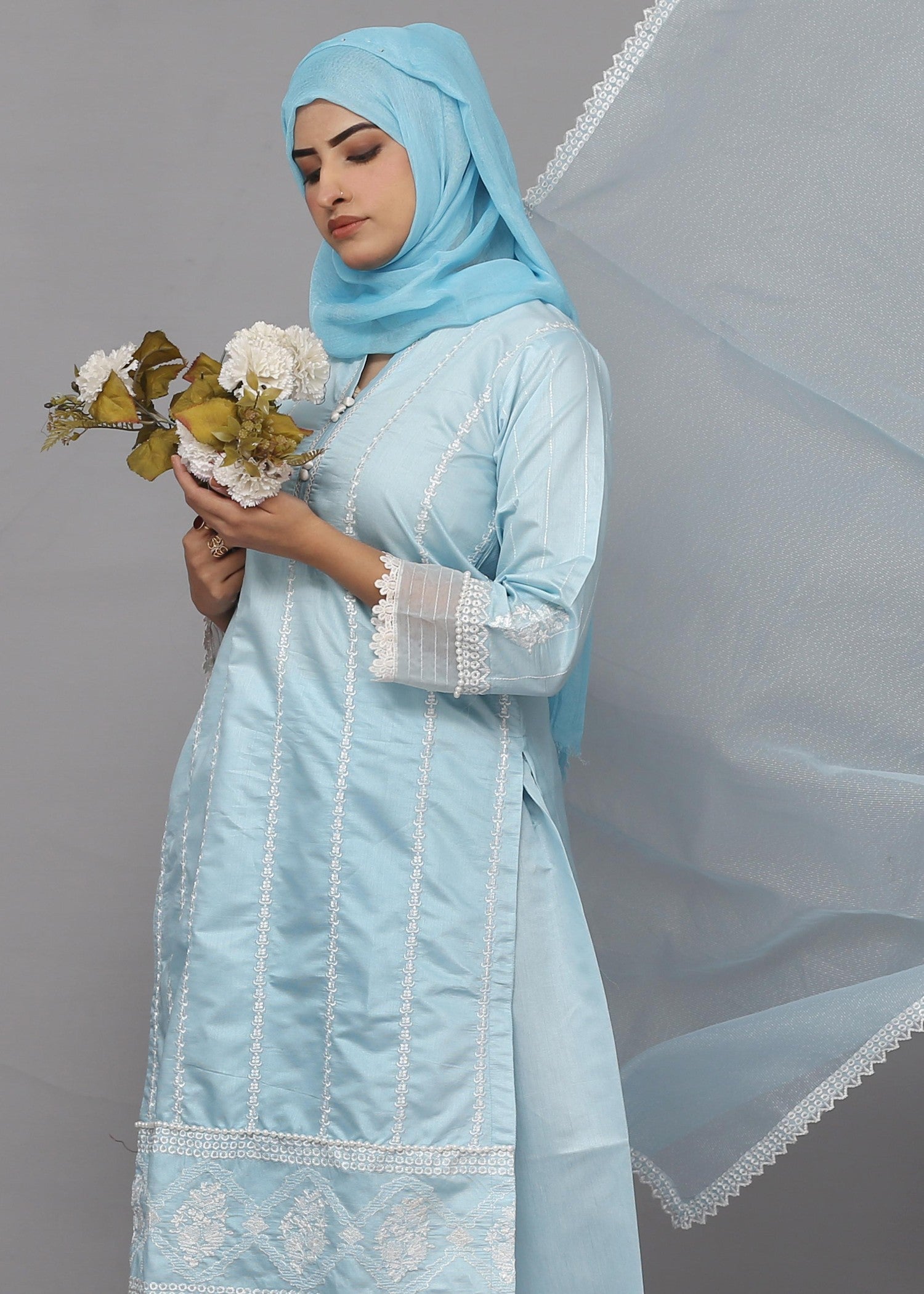 Fatima Printing Collection Seher Embroidered Long Shirt Sky Women 3pcs