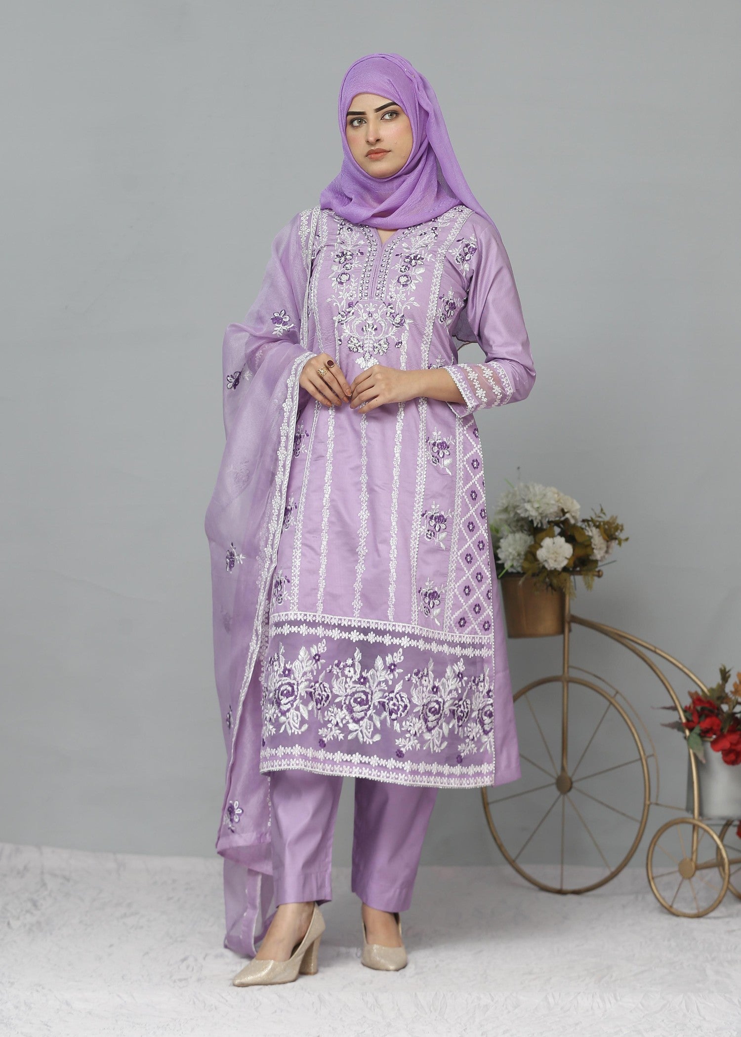 Fatima Printing Collection Nihal Embroidered Long Shirt Lilac Women 3pcs