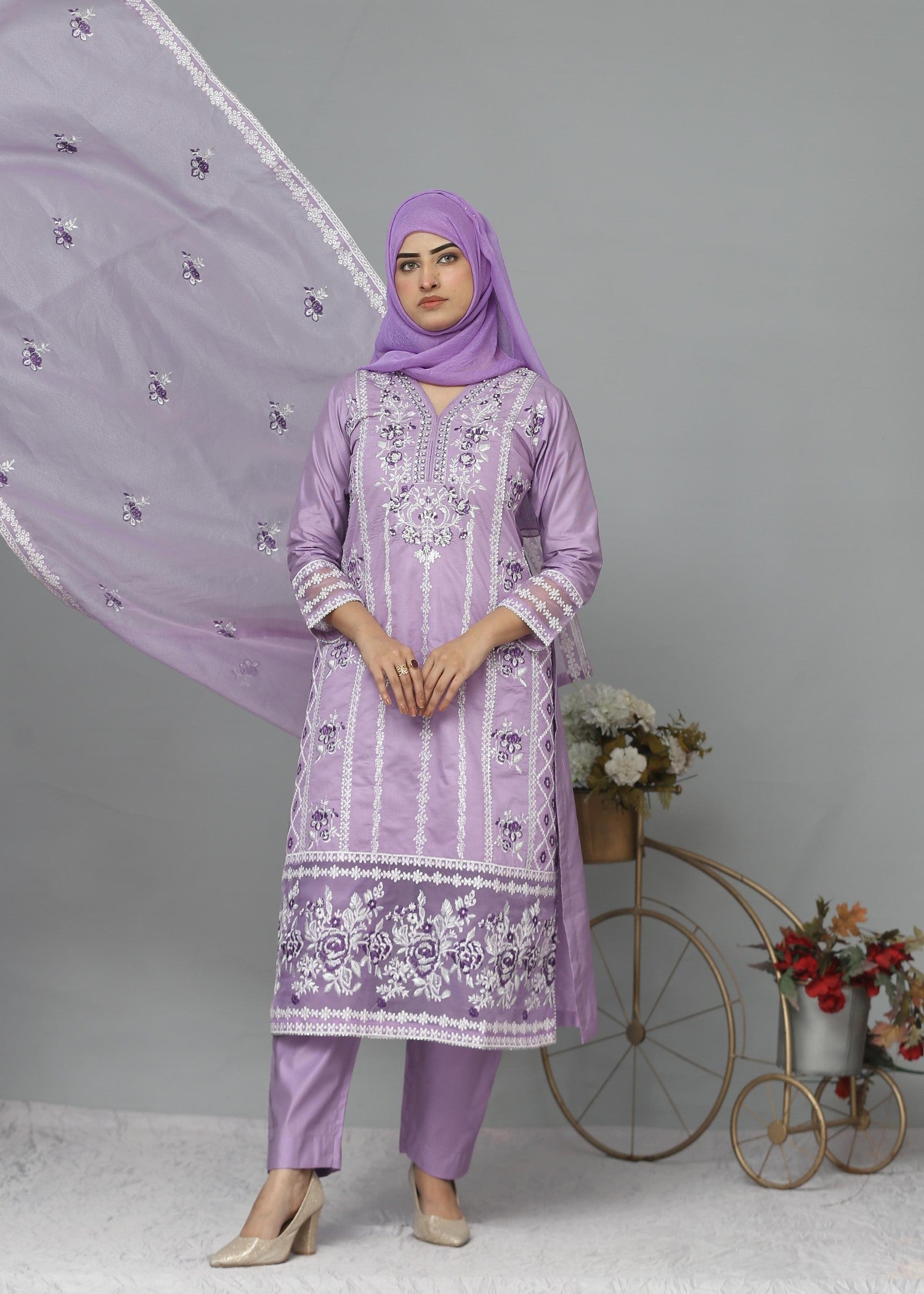 Fatima Printing Collection Nihal Embroidered Long Shirt Lilac Women 3pcs