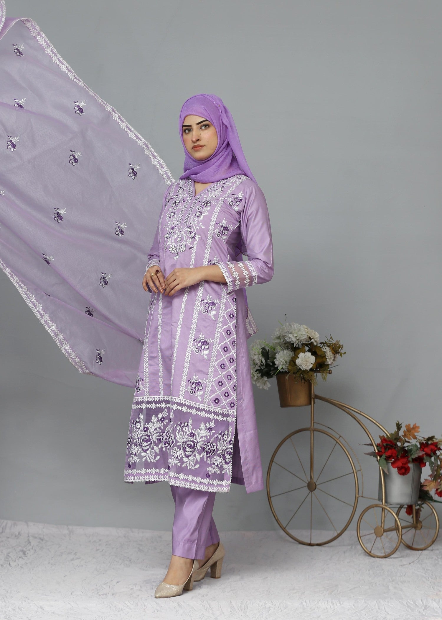 Fatima Printing Collection Nihal Embroidered Long Shirt Lilac Women 3pcs