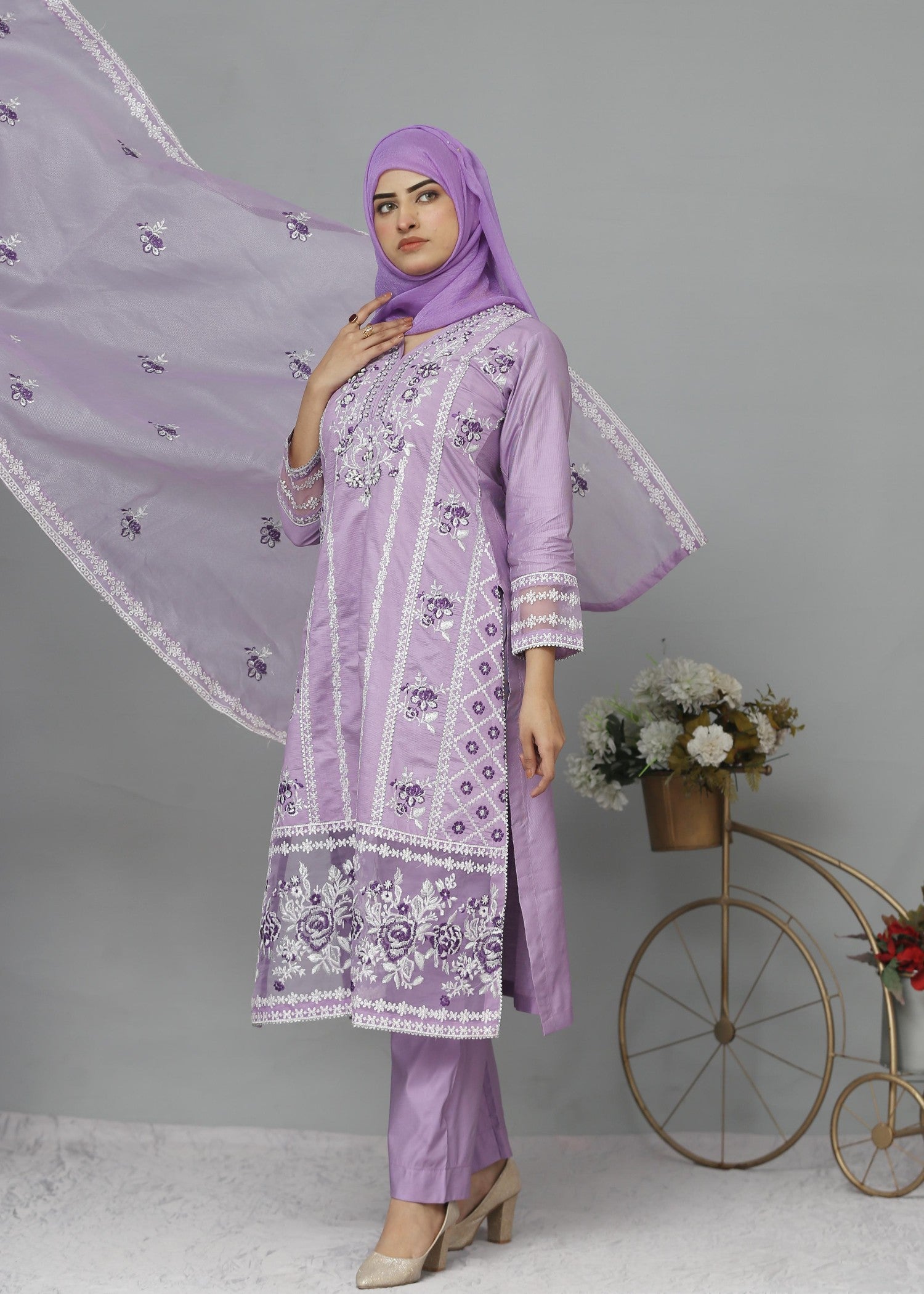 Fatima Printing Collection Nihal Embroidered Long Shirt Lilac Women 3pcs