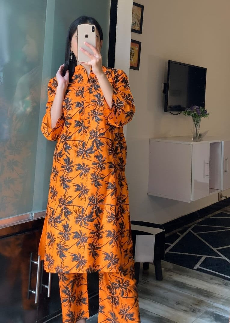 Anabya Garments Orange Palm Tree Women 2pcs