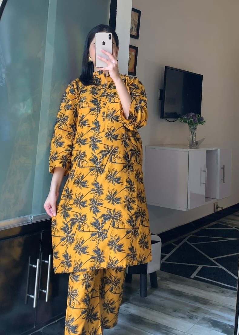 Anabya Garments Mustard Palm Tree Women 2pcs