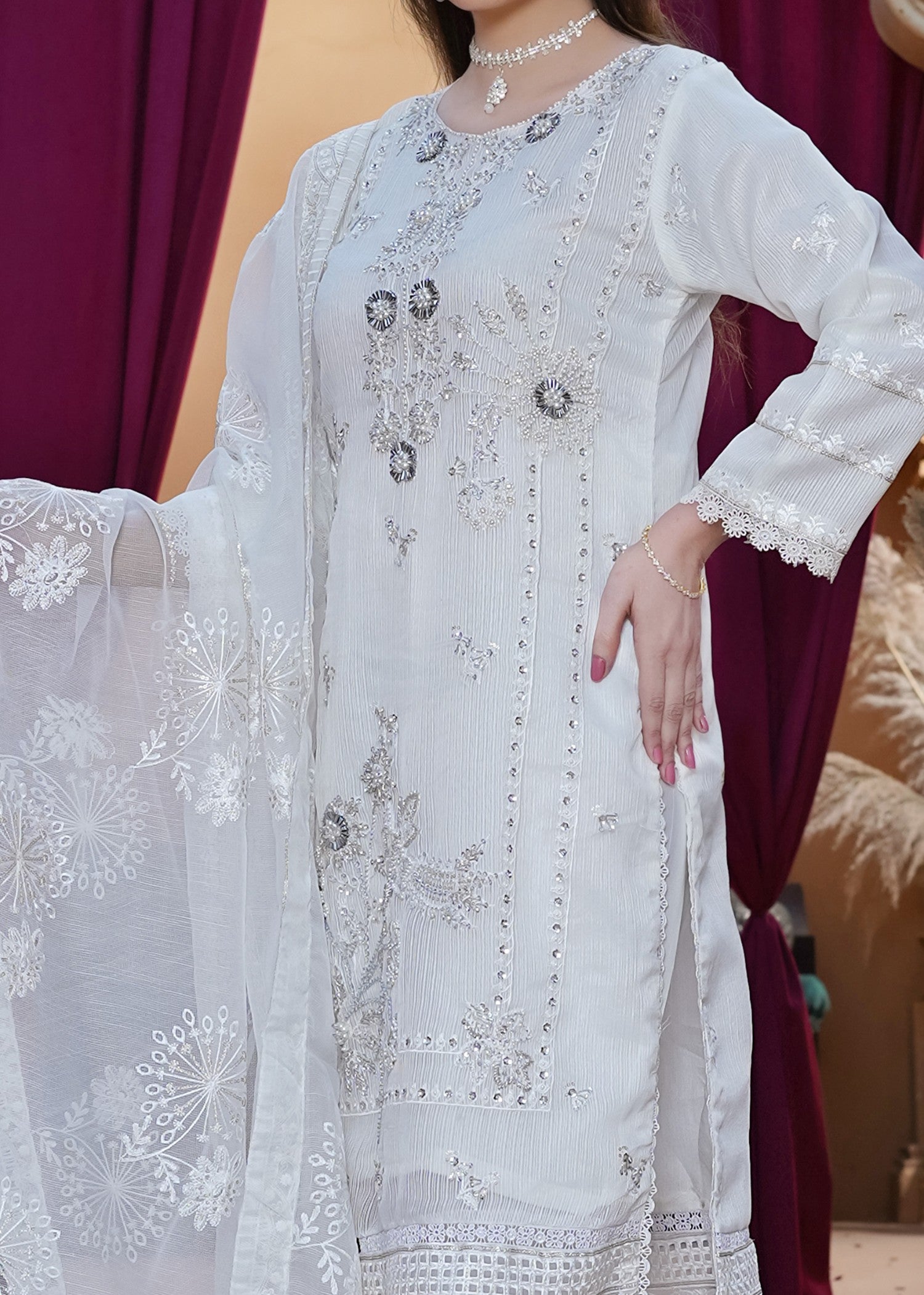 Waniya Awais WAS 12 Creamy White Stitched Women 3pcs