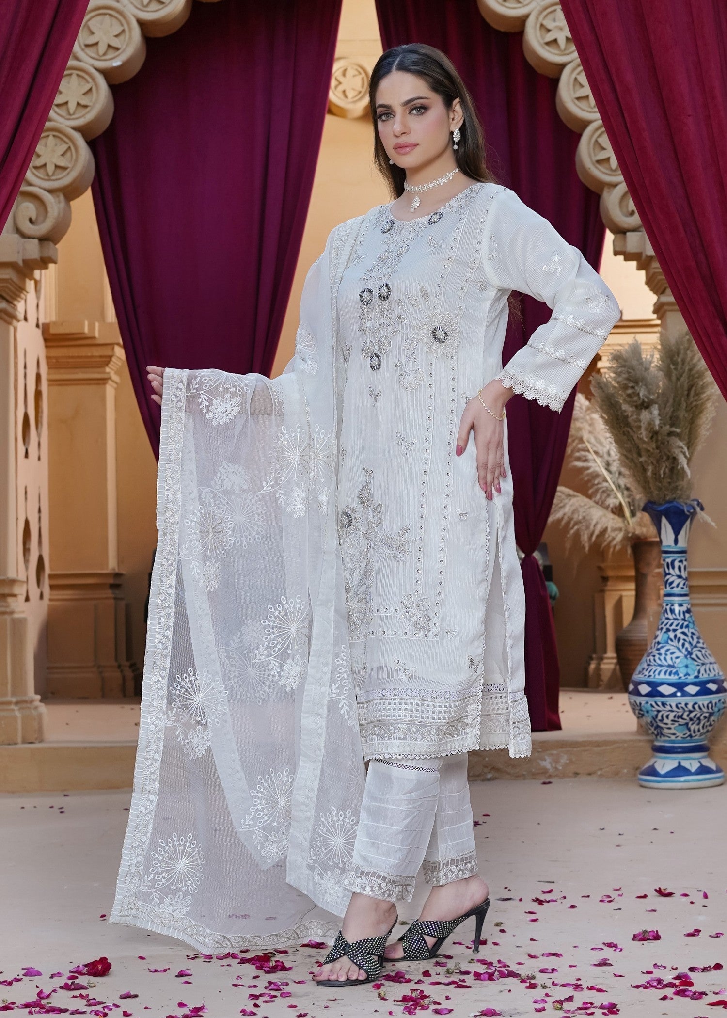 Waniya Awais WAS 12 Creamy White Stitched Women 3pcs