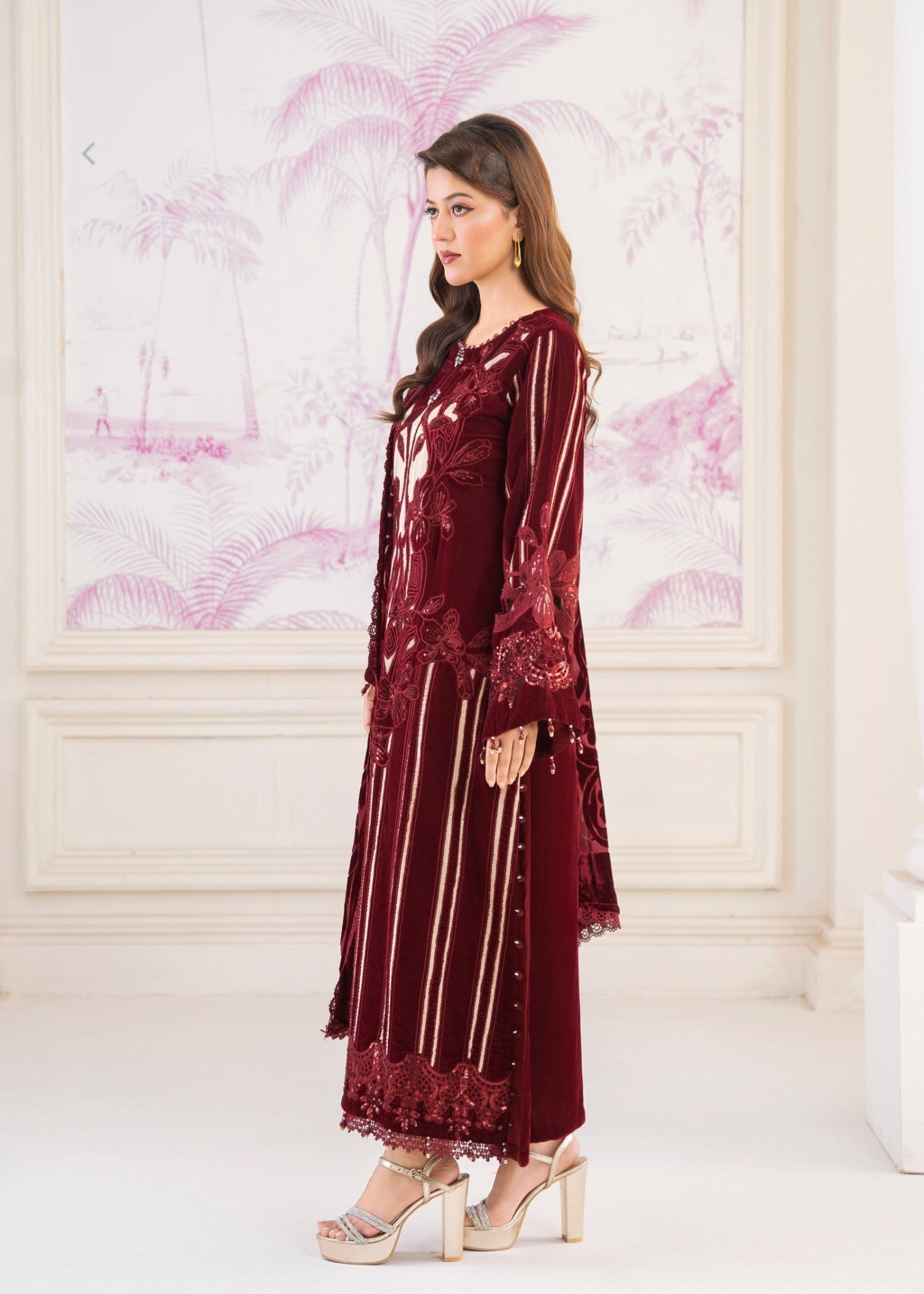 Malhaar Mal AL 4173 Maroon Vel Women 3pcs