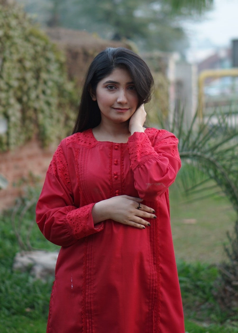 Pretbee Vibrant Red Cotton Suit with Embroidered Sleeves and Cutwork Detailing Women 2pcs