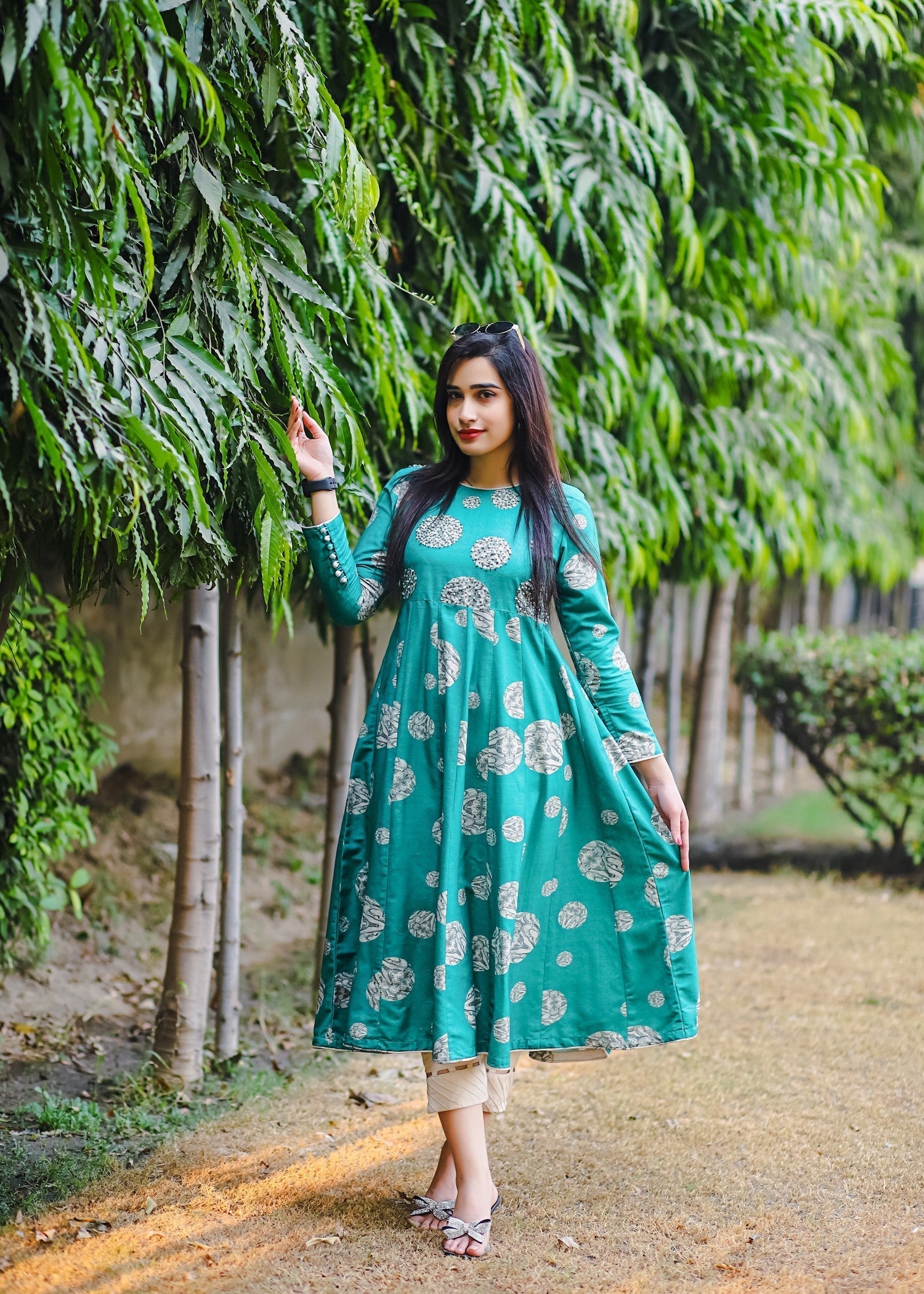 Noah Officials Embellished Polka Dot Green Frock Women 1pcs