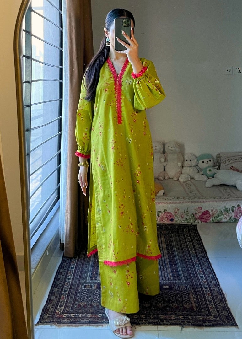 Haya'S Creation Parrot Green Printed Khaddar Dress Women 2pcs